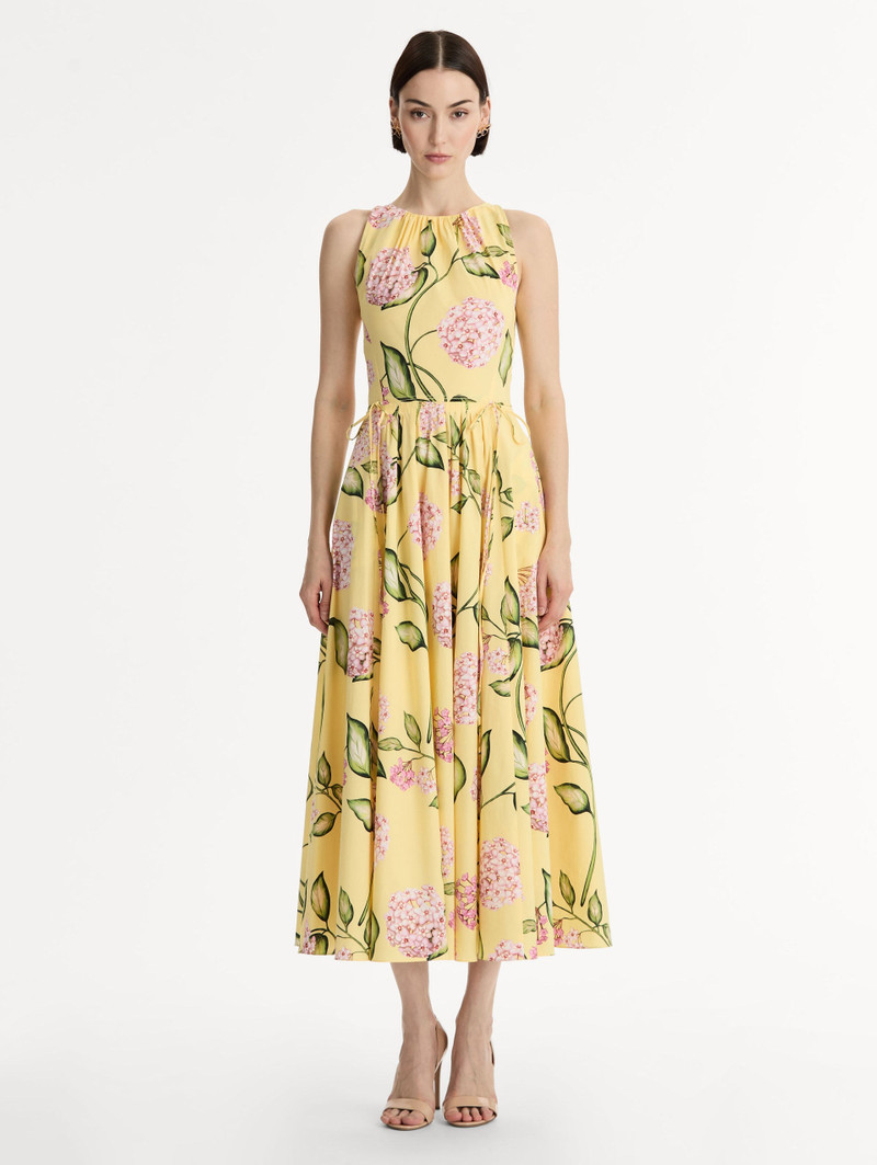 Oscar de la Renta PORCELAIN FLOWER COTTON POPLIN PLEATED DRESS outlook
