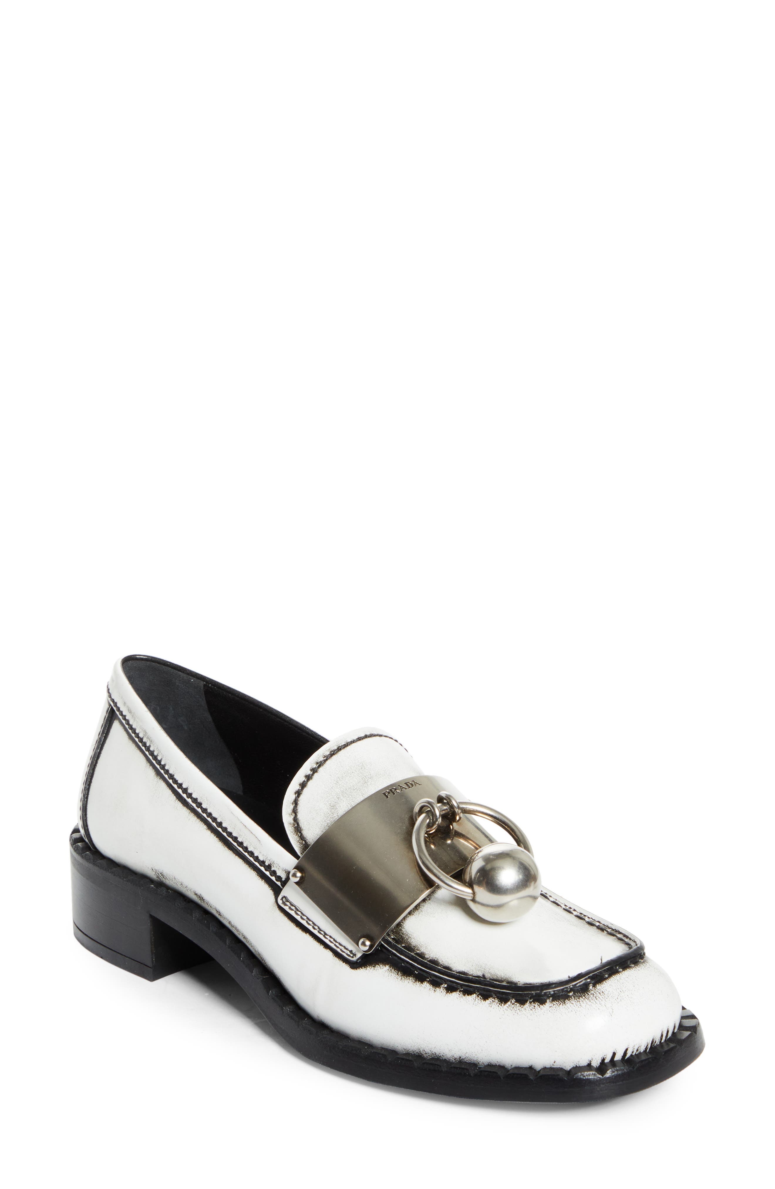 Prada Two-Tone Calfskin Leather Loafer in Bianco at Nordstrom - 1