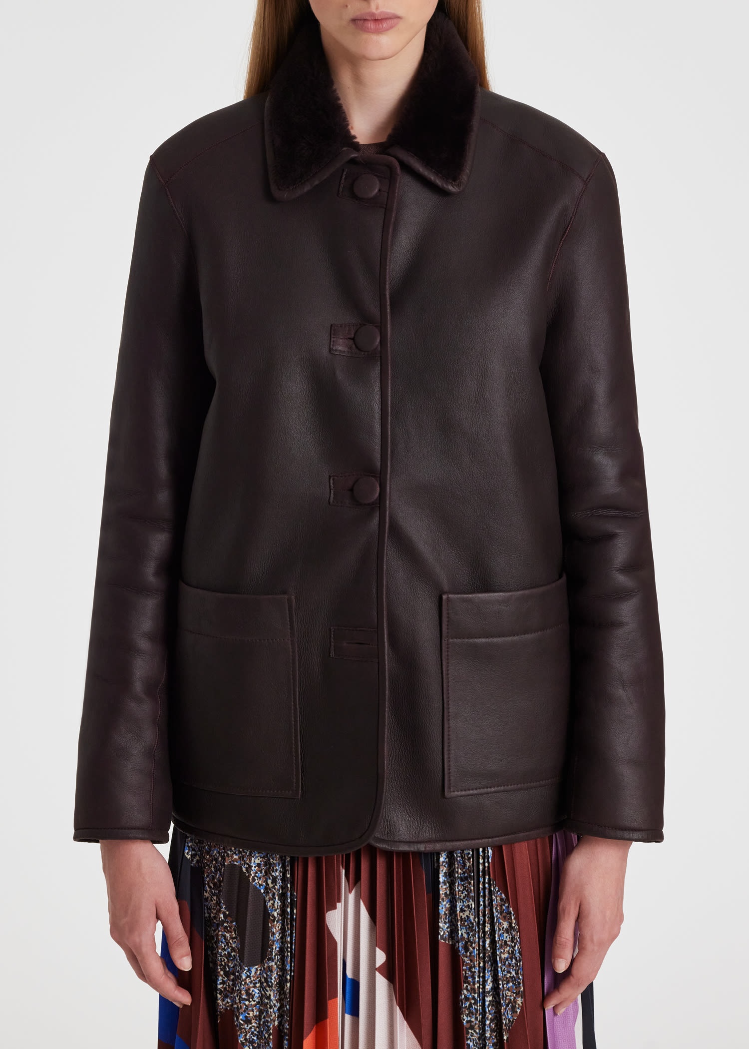 Aubergine Shearling Leather Jacket - 5