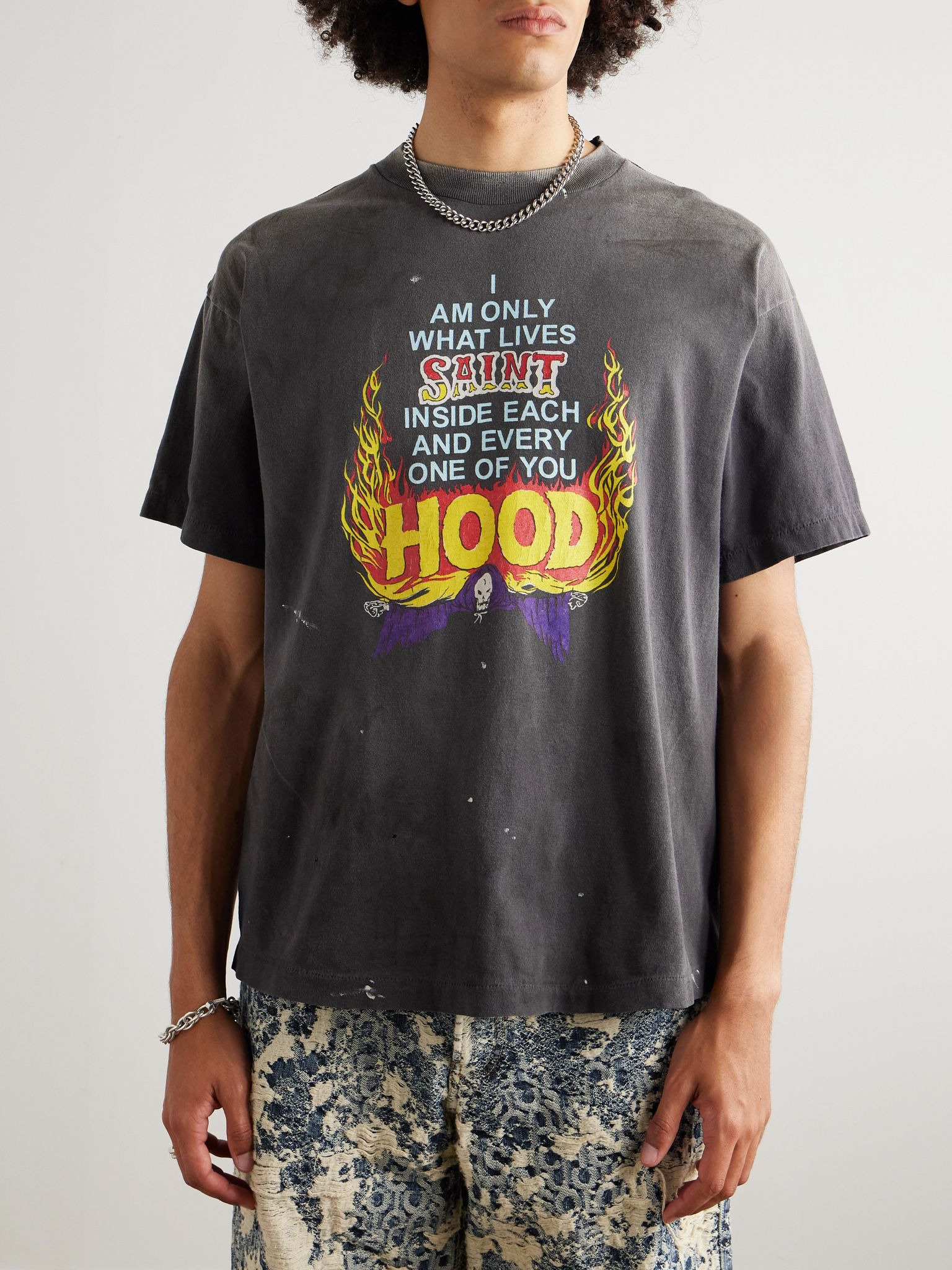 + Neighborhood Distressed Paint-Splattered Printed Cotton-Jersey T-Shirt Gray - 3