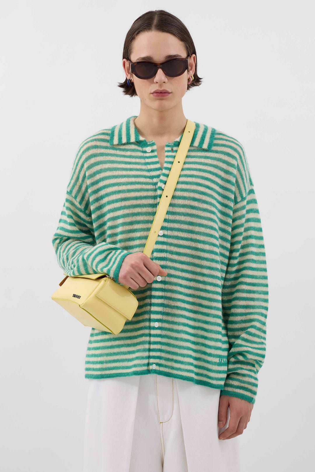 STIPED MOHAIR CARDIGAN / off white & jade green - 2