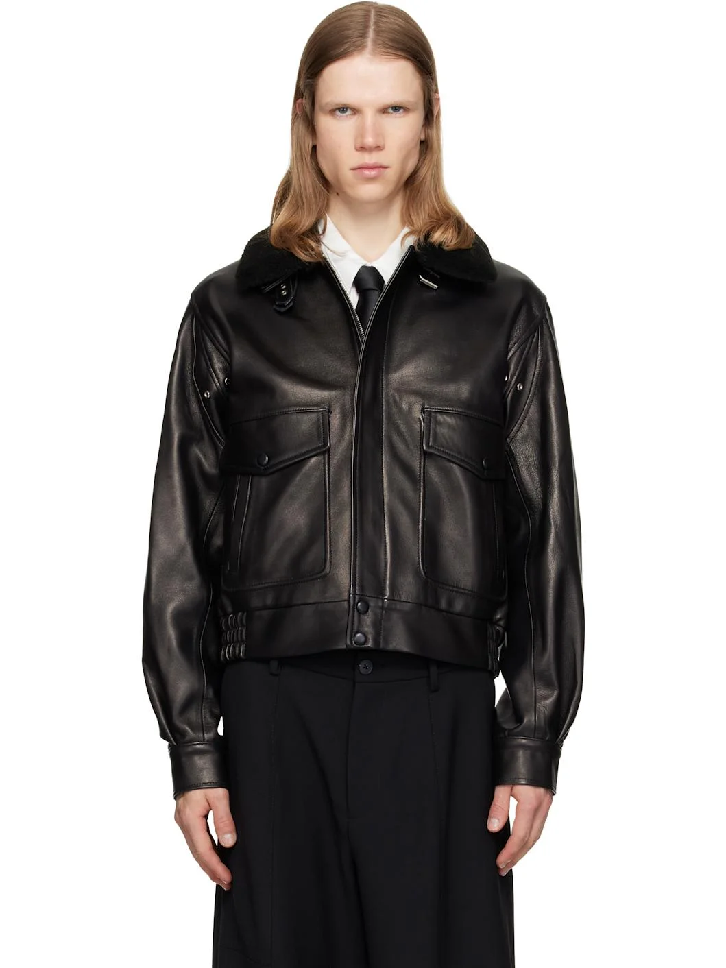 Black Aviator Leather Bomber Jacket - 1
