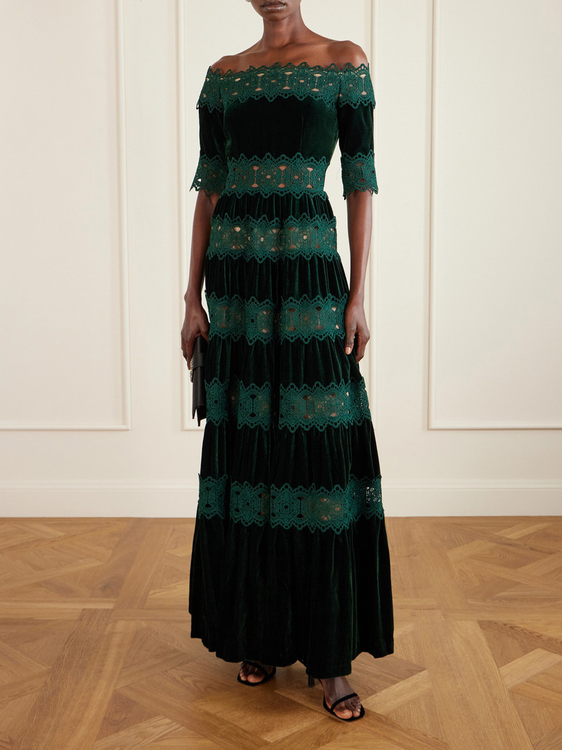 COSTARELLOS Off-the-shoulder Striped Lace And Velvet Gown outlook