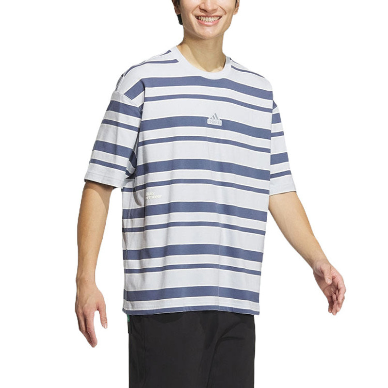 adidas adidas Logo Stripe T-shirt Asia Sizing 'Grey Navy' IT3929 outlook