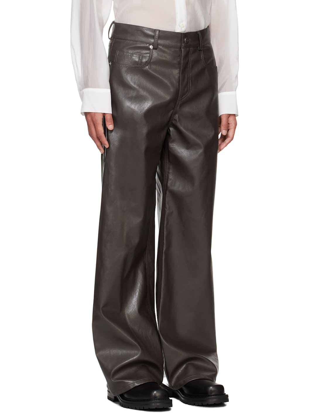 Brown Wide-Leg Faux-Leather Trousers - 2