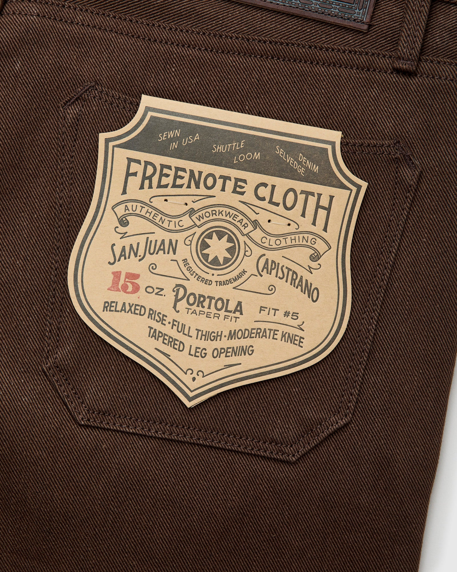 "Portola" 15oz Dark Brown Selvedge Denim - Tapered Fit - 5