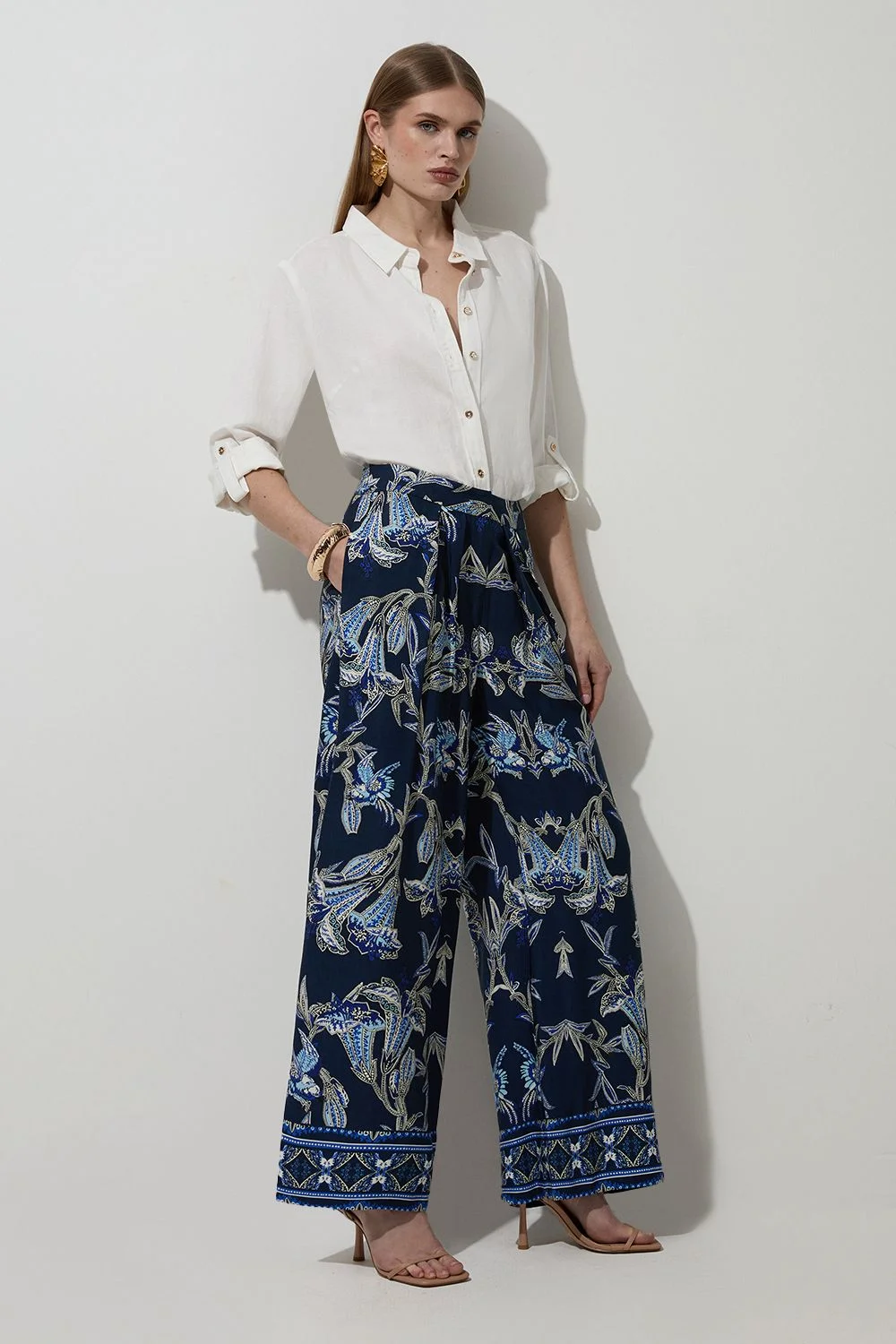 Tall Viscose Linen Mirrored Floral Woven Straight Leg Trouser - 1