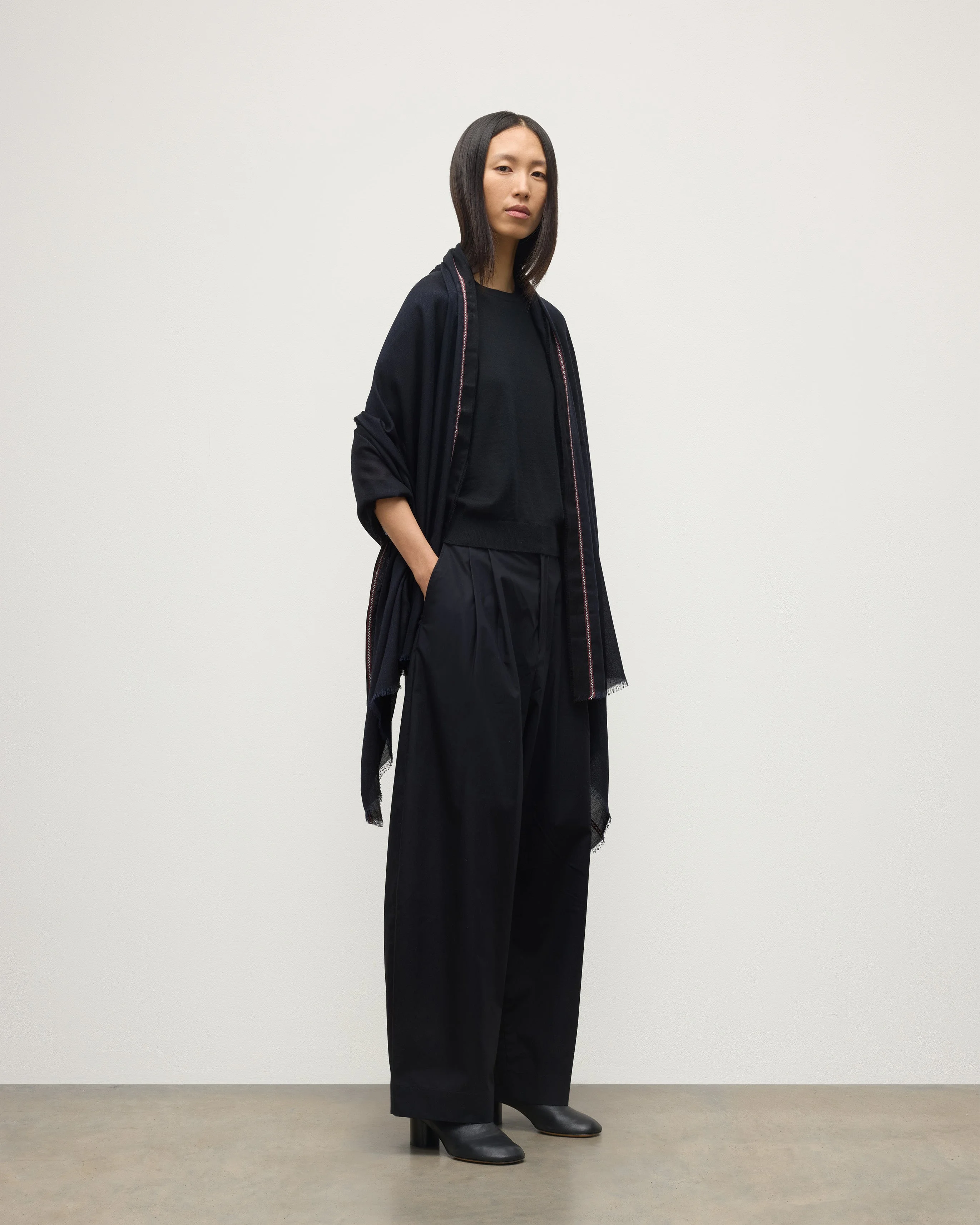 Ives Navy Chevron Border Cashmere Scarf - 1