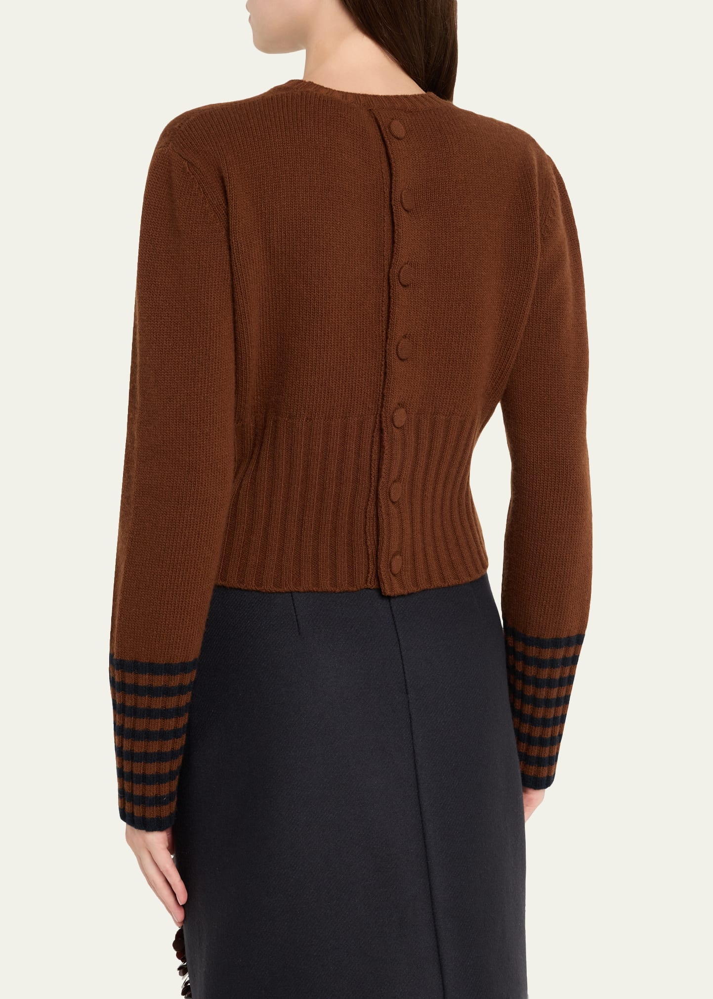 Contrast Cuffs Long-Sleeve Crewneck Knit Sweater - 3