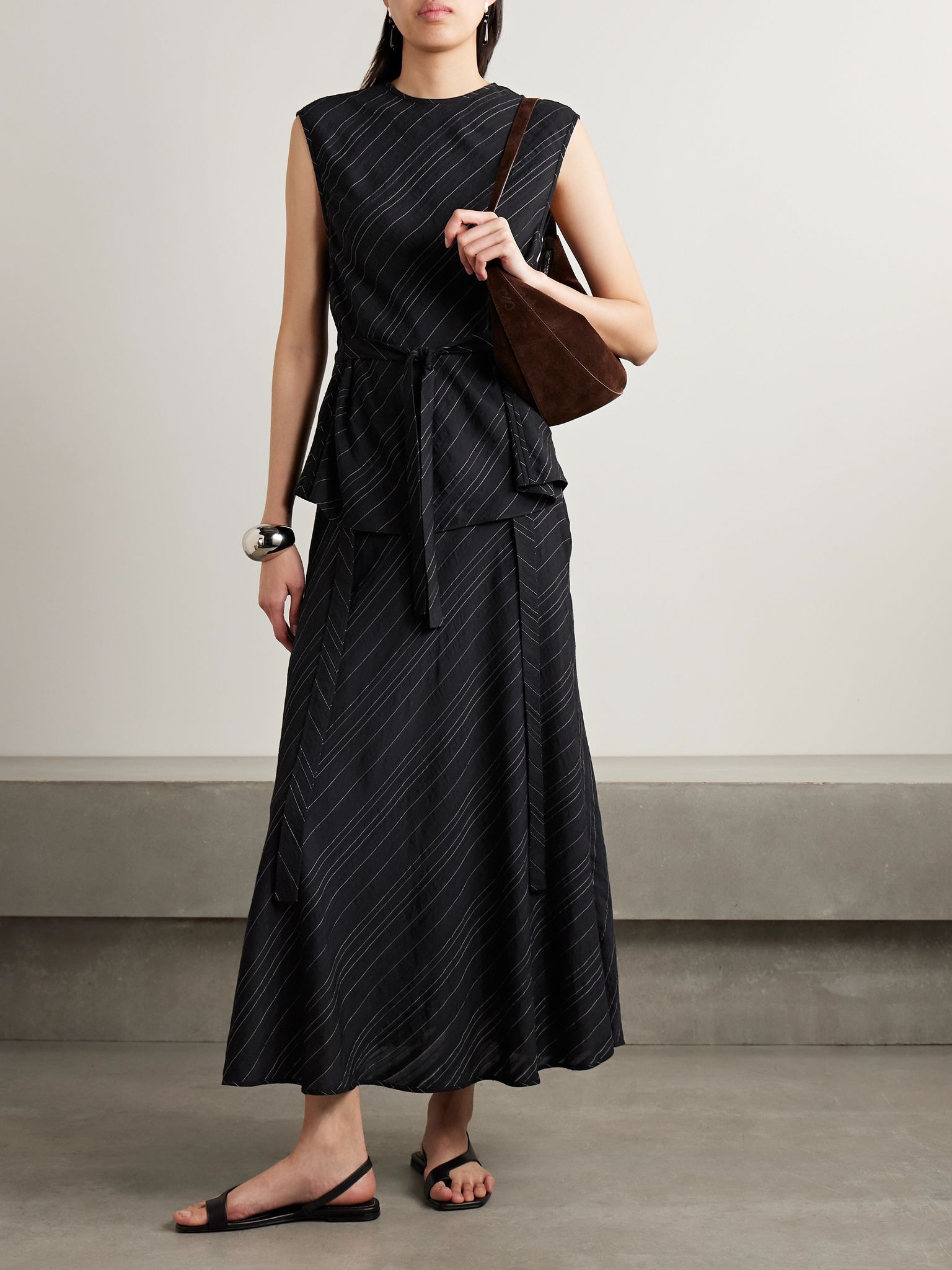 Trina belted striped voile top Black - 2
