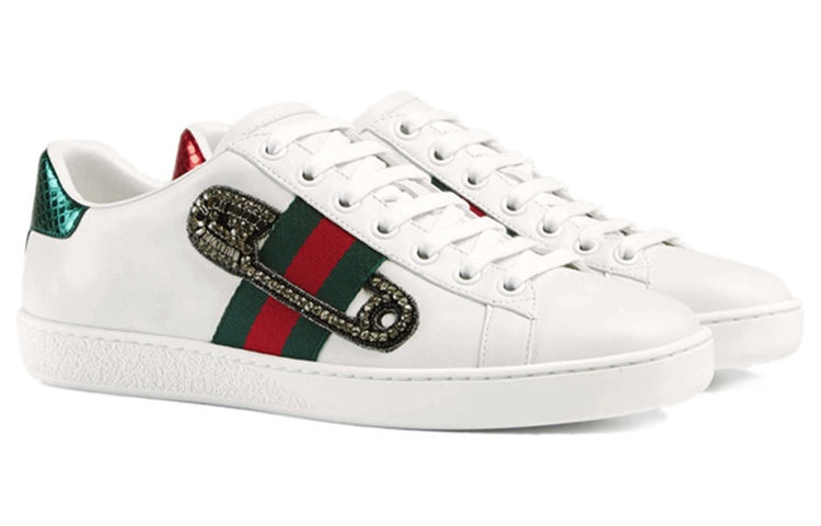 (WMNS) Gucci Leather Ace Safety Pin Embellished Low Top 'White' 454552-A38G0-9064 - 2