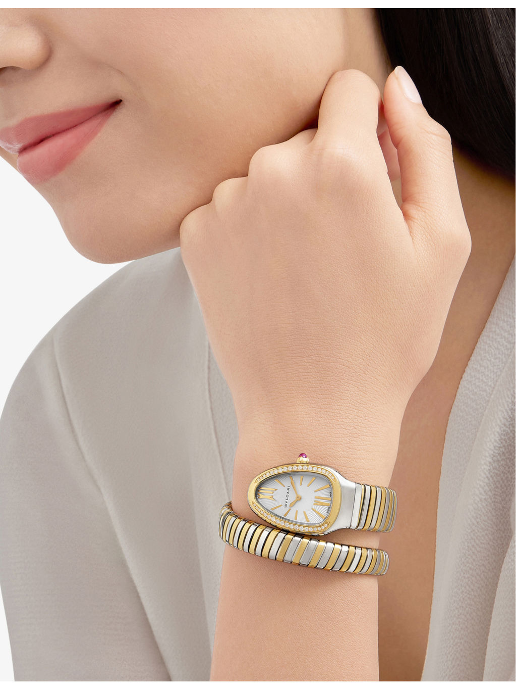 BR858992 Serpenti Tubogas 18ct yellow-gold, stainless steel and brilliant-cut diamond quartz watch - 5