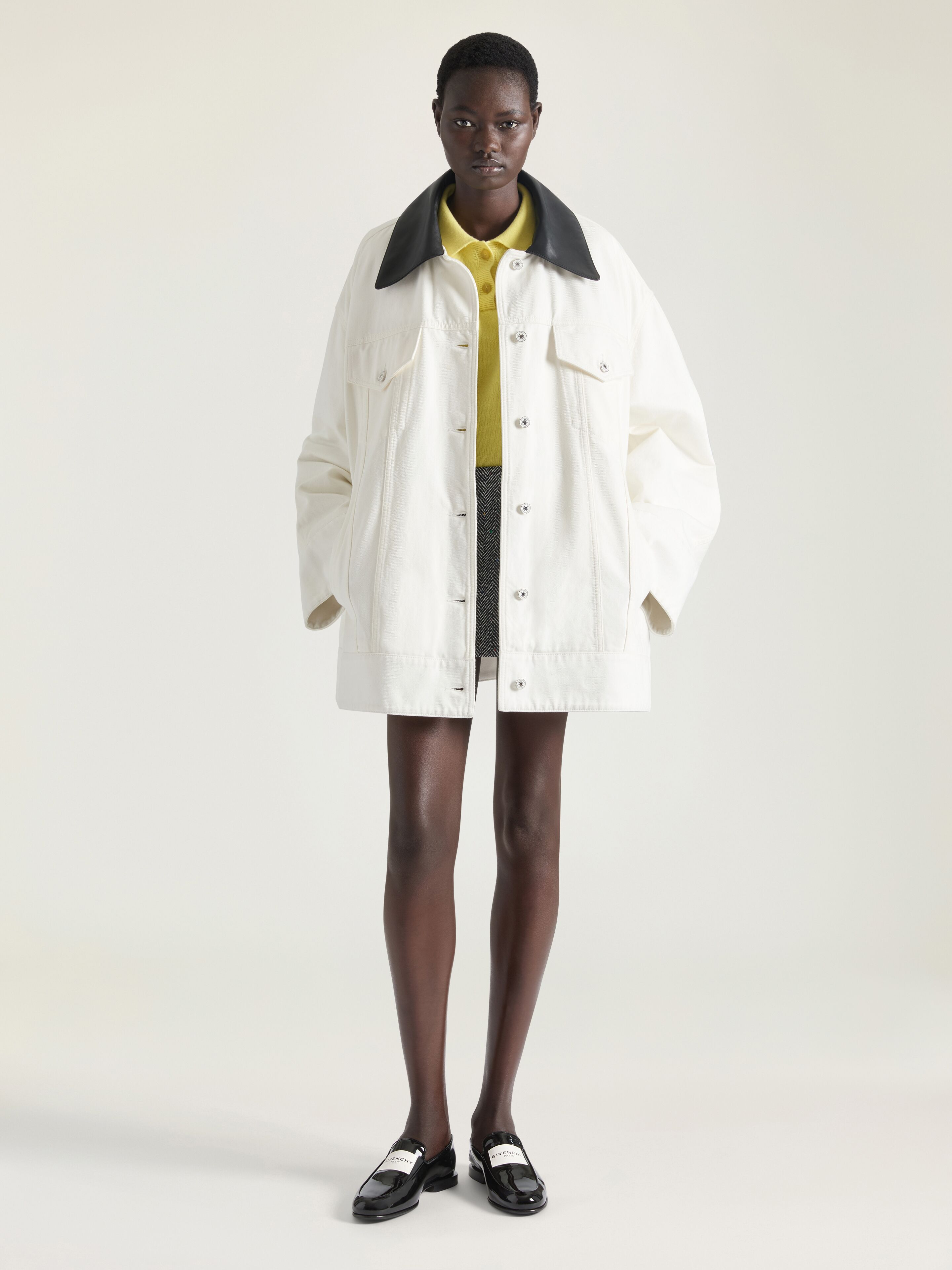 COCOON JACKET IN WHITE DENIM WITH LEATHER COLLAR - 2