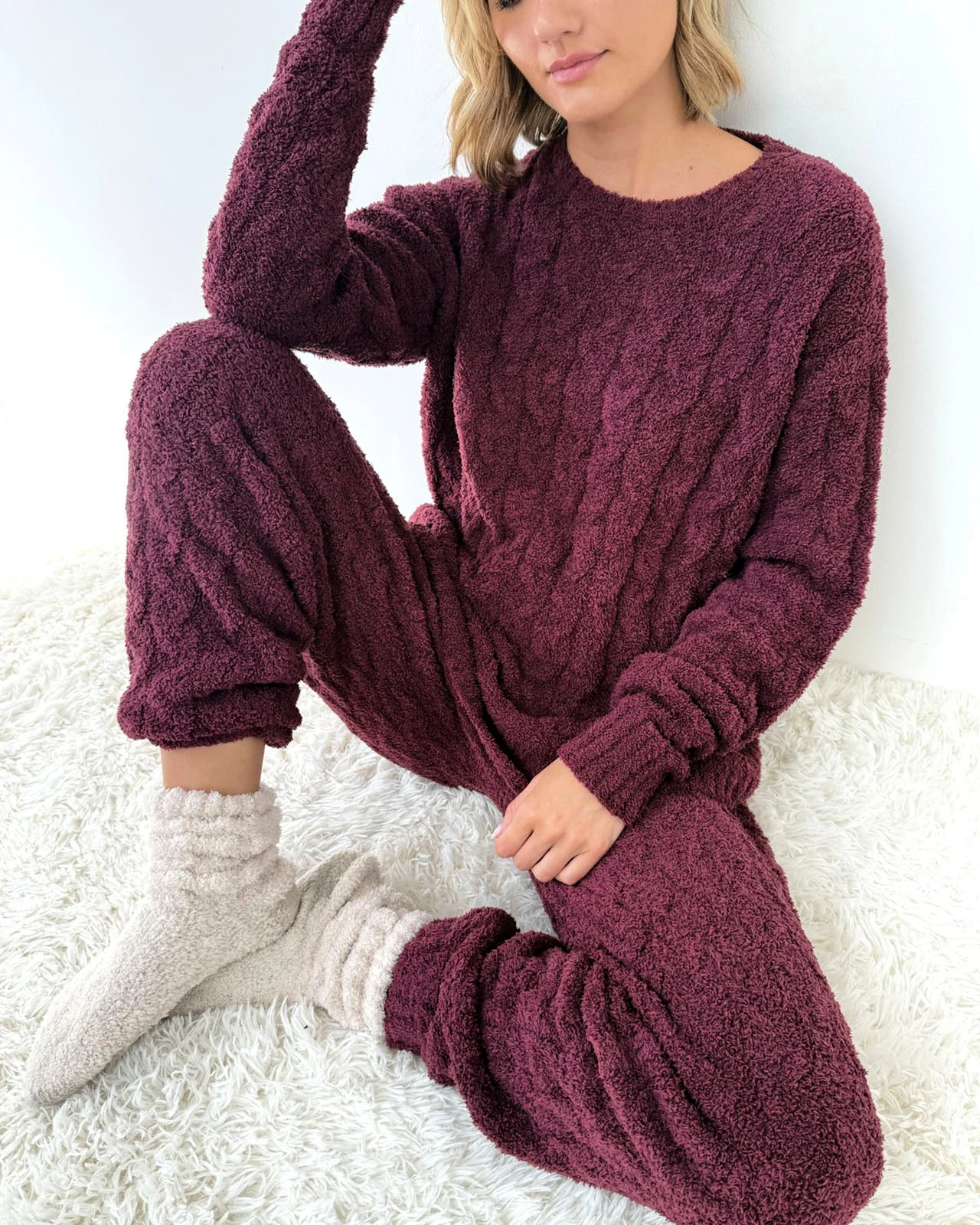 Ivory Cozy Fuzzy Cable Socks - 1