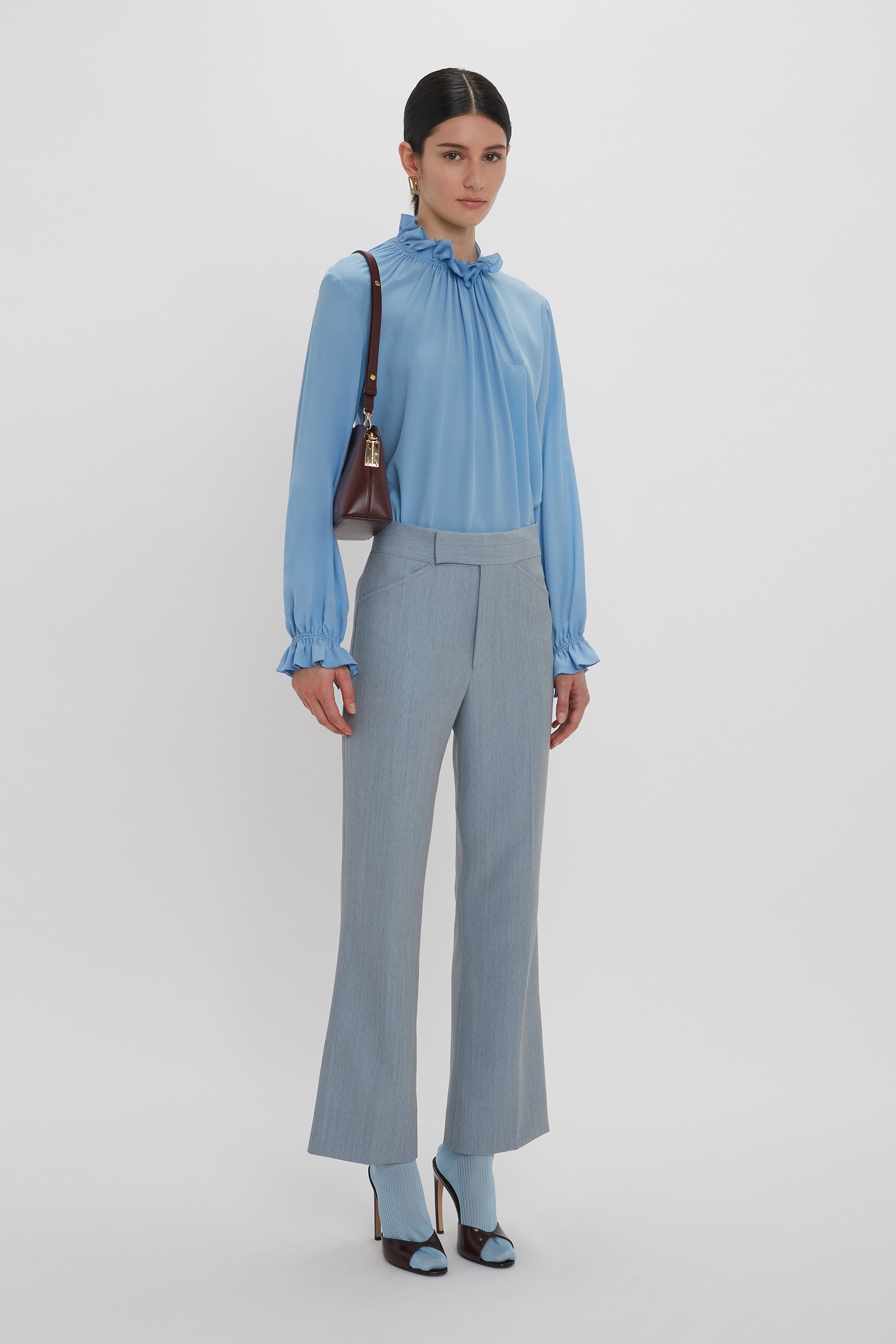 Exclusive Ruffle Neck Blouse In Cornflower Blue - 6