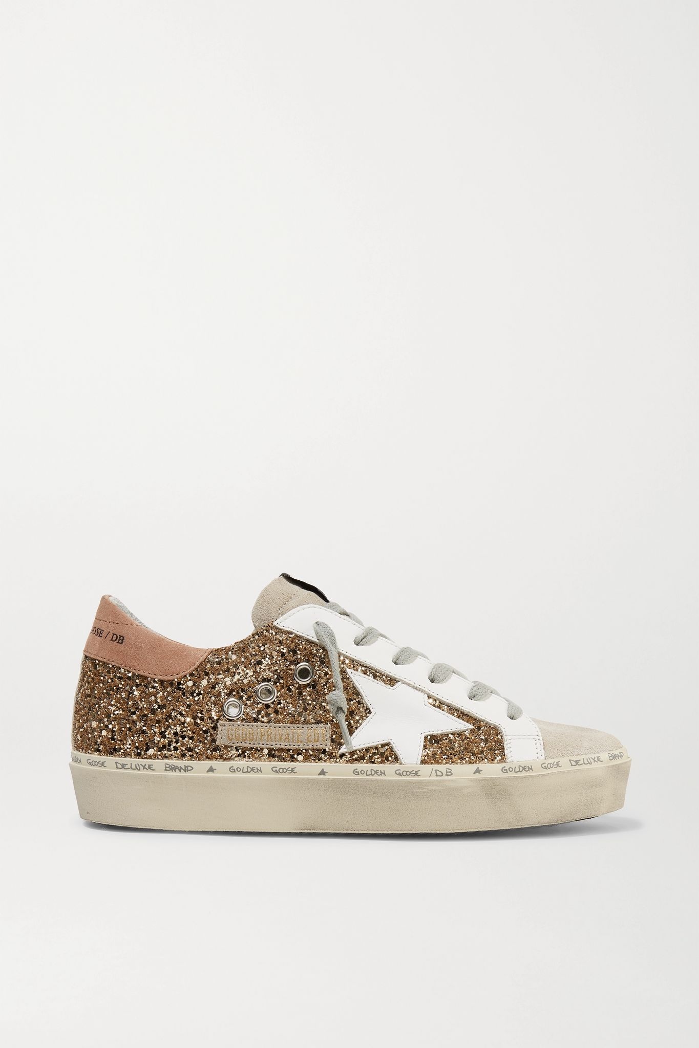 Hi Star distressed glittered leather and suede sneakers - 1