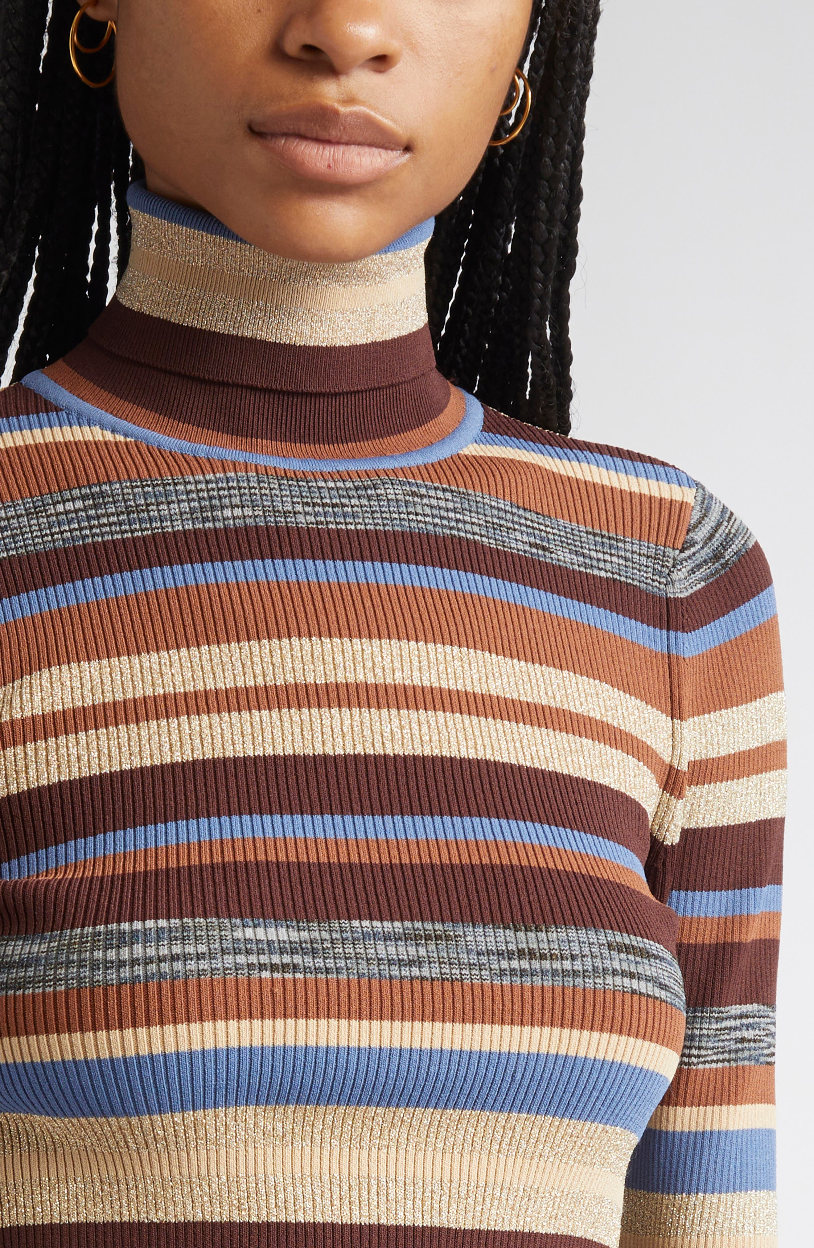L'AGENCE Olene Stripe Turtleneck Sweater in Stone Blue/Brown Multi at Nordstrom - 4