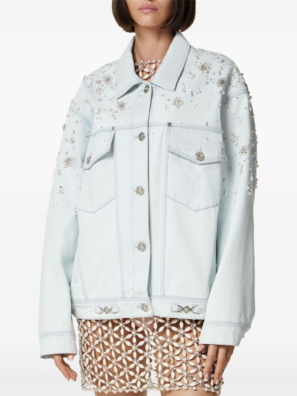 pearl-embellished denim jacket - 3