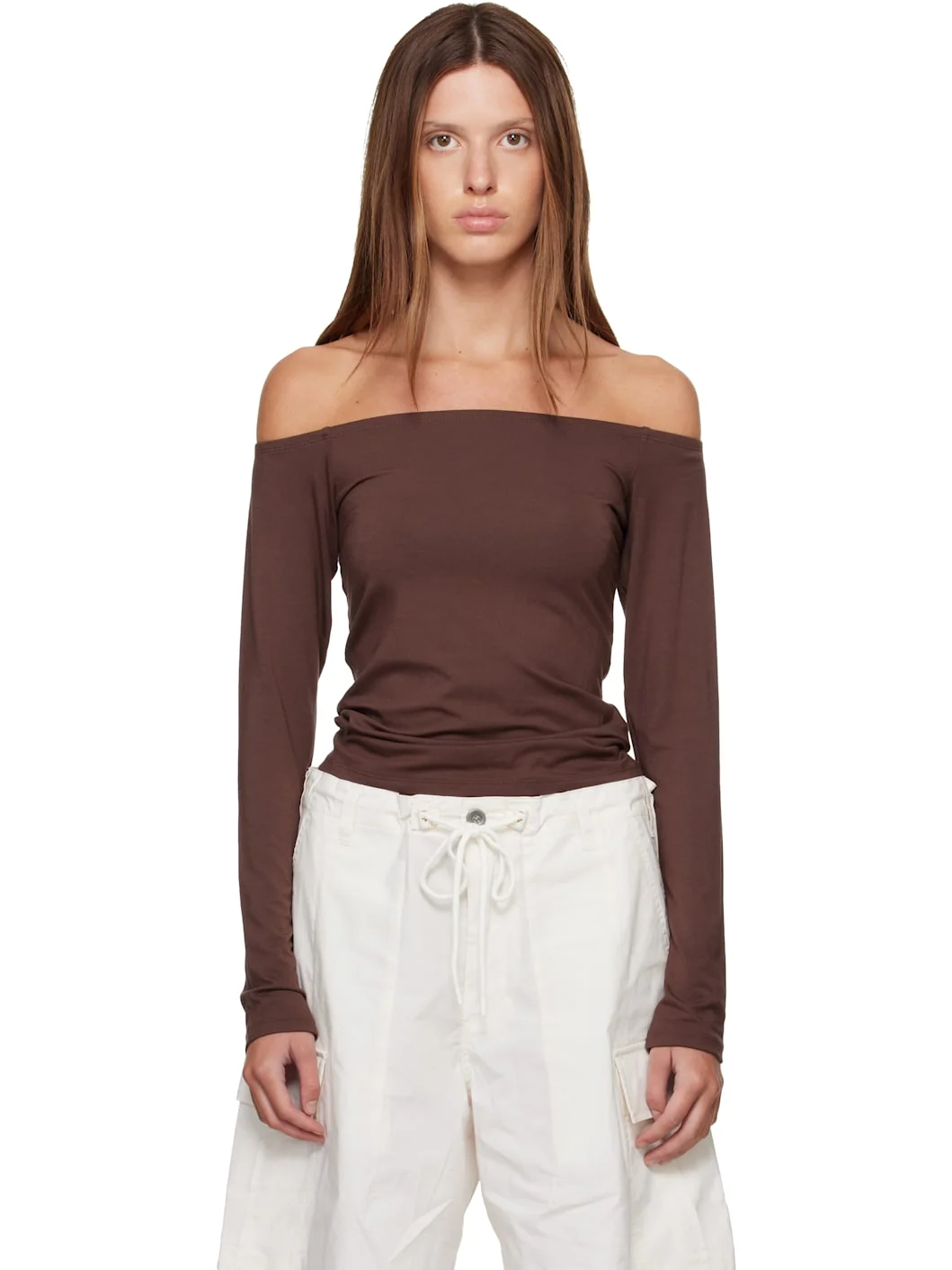 Brown Smooth Layers Off The Shoulder Top - 1