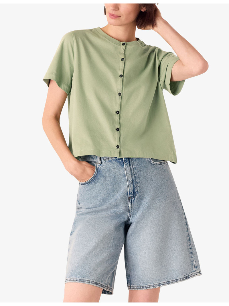 Round-Neck Button-Up Cotton T-Shirt 3