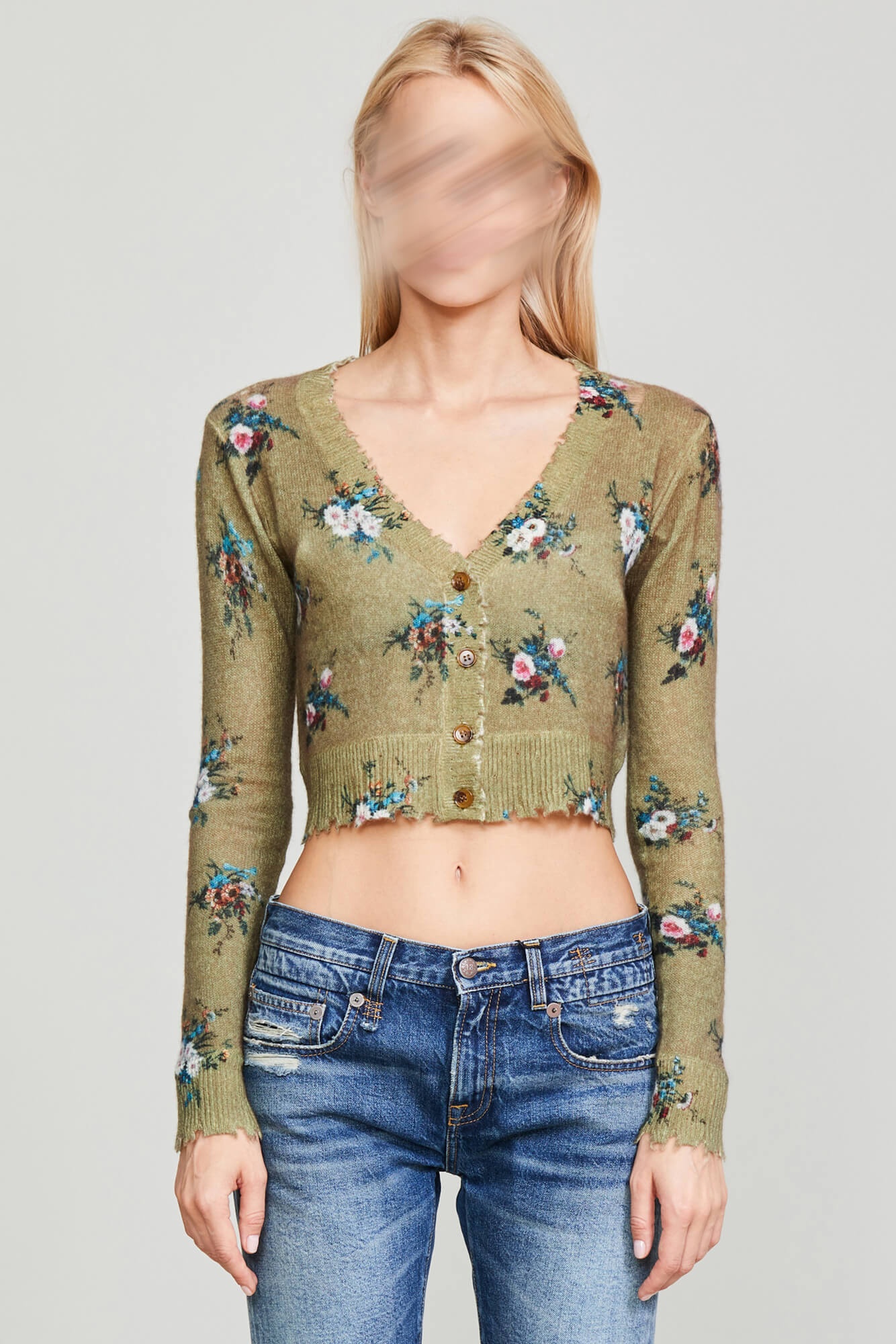 DISTRESSED CASHMERE BABY CARDIGAN - FLORAL ON OLIVE - 5