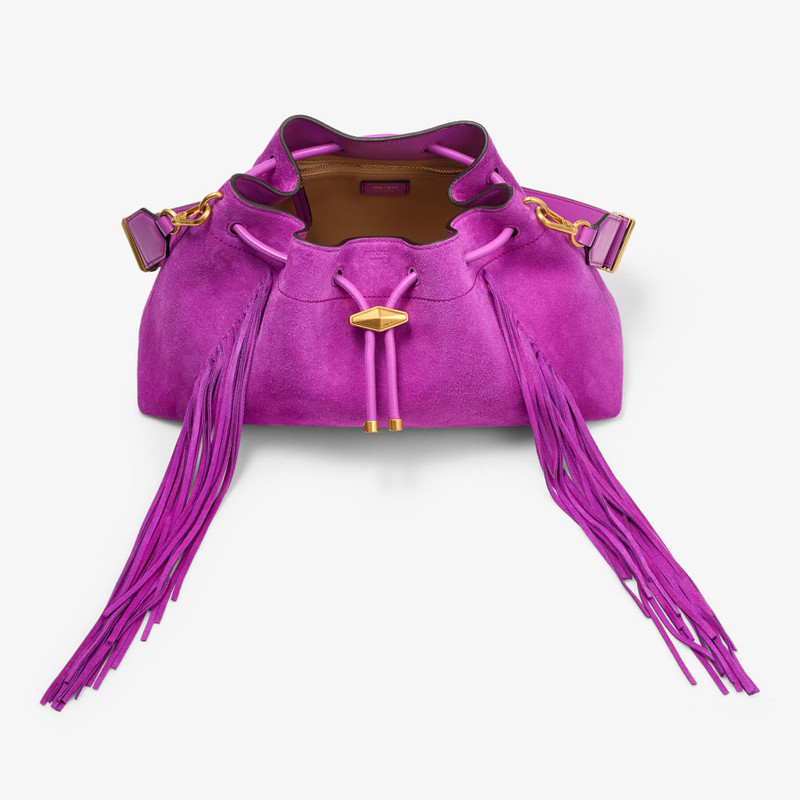 Cinch Medium Violet Orchid Suede Bucket Bag with Fringes 5