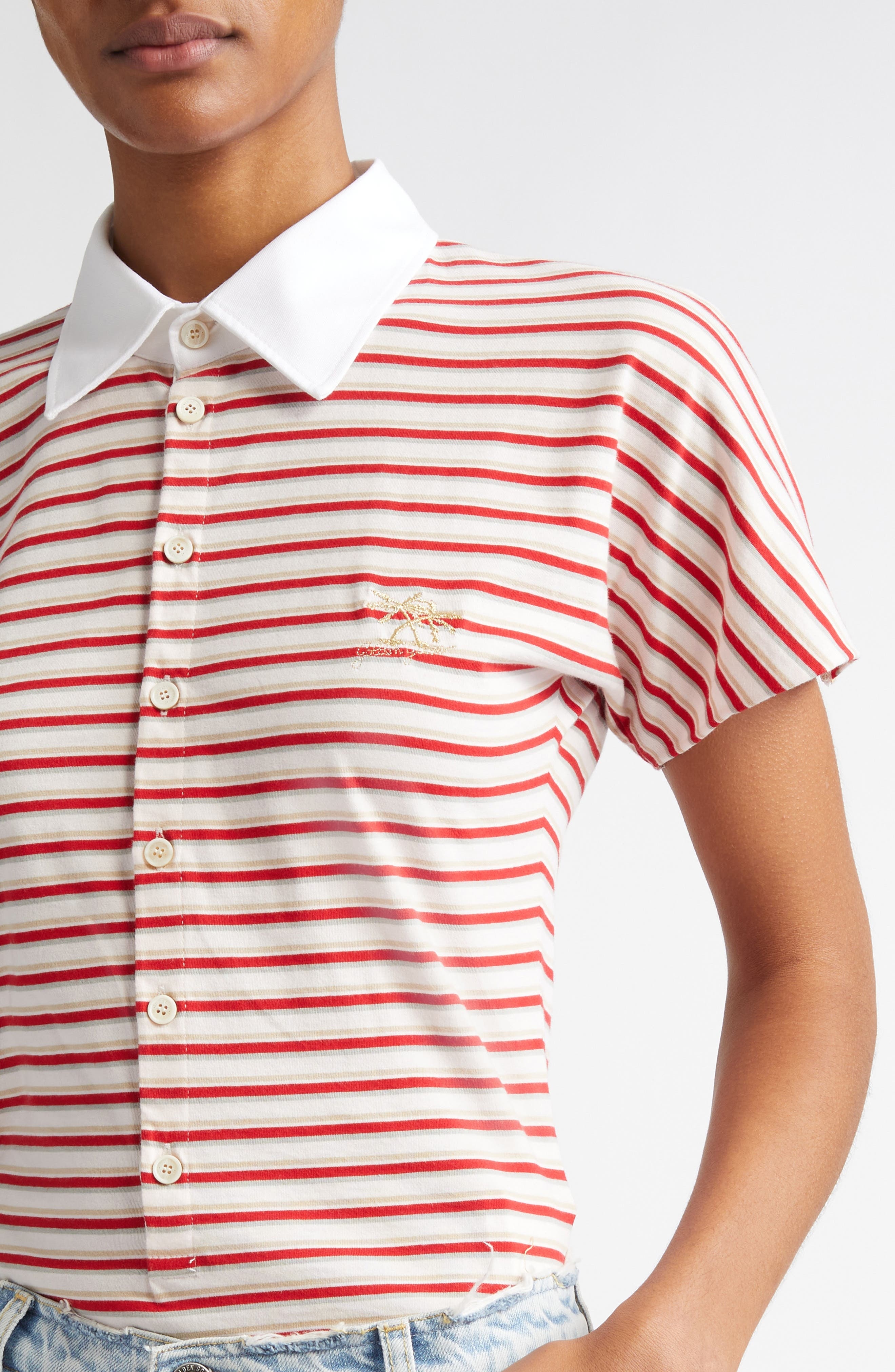 Golden Goose Journey Stripe Slim Fit Cotton Polo in Papyrus/Haute Red at Nordstrom - 5
