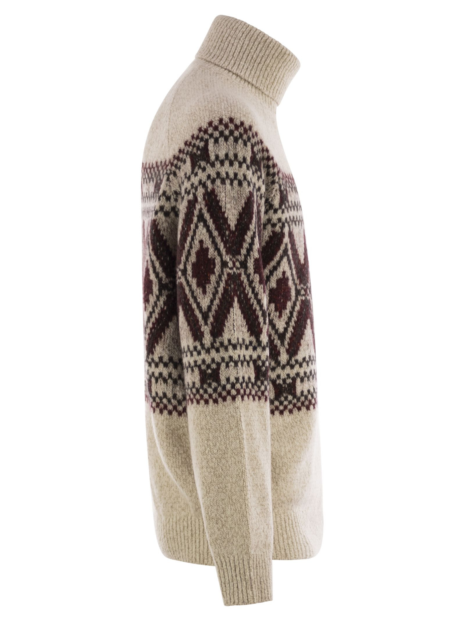 Brunello Cucinelli Men Geometric Jacquard Turtleneck Sweater In Wool, Silk And Cashmere - 3
