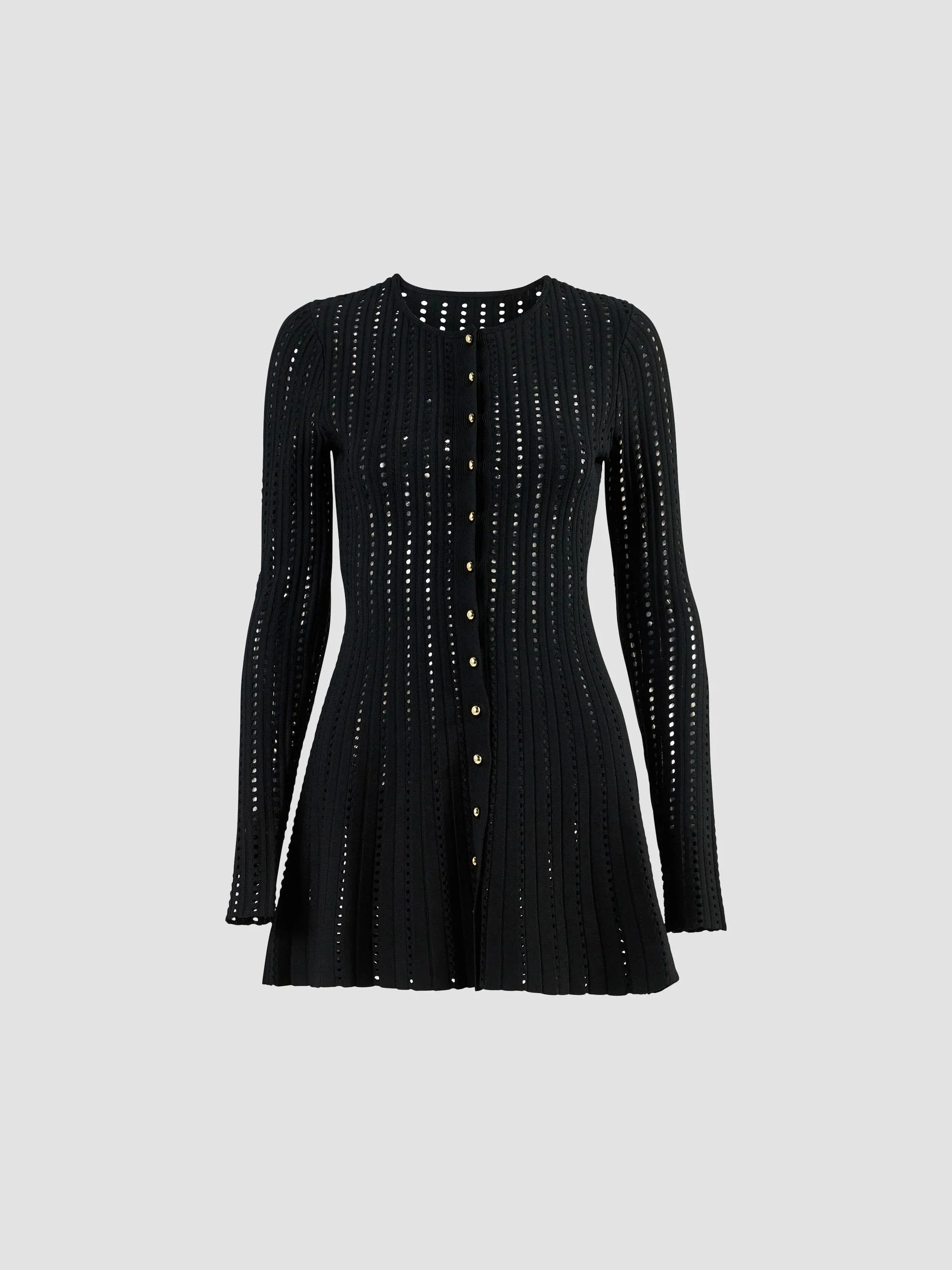 Women's Open-Knit Crewneck Cardigan - Jet Black - 1