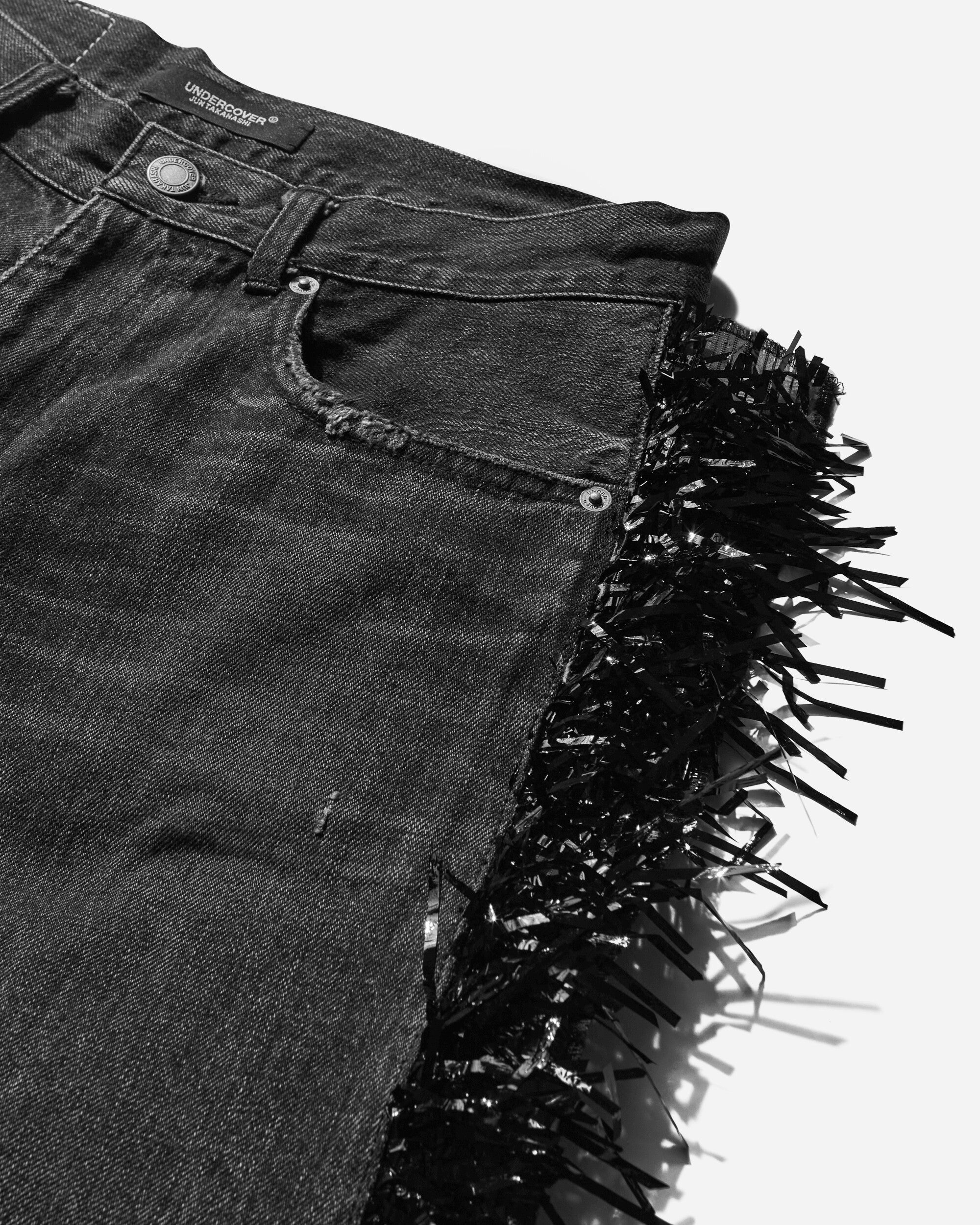 Women's Distressed Fringe Denim Pants Black - 3