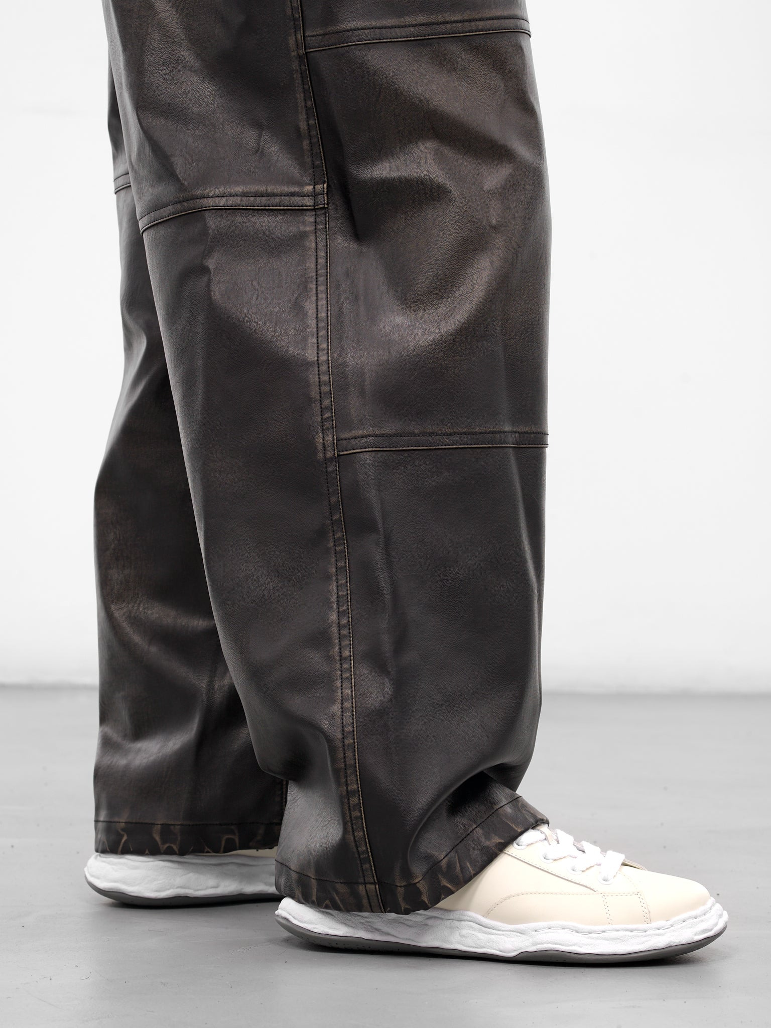 Black Leather Elastic Waist Pants - 5