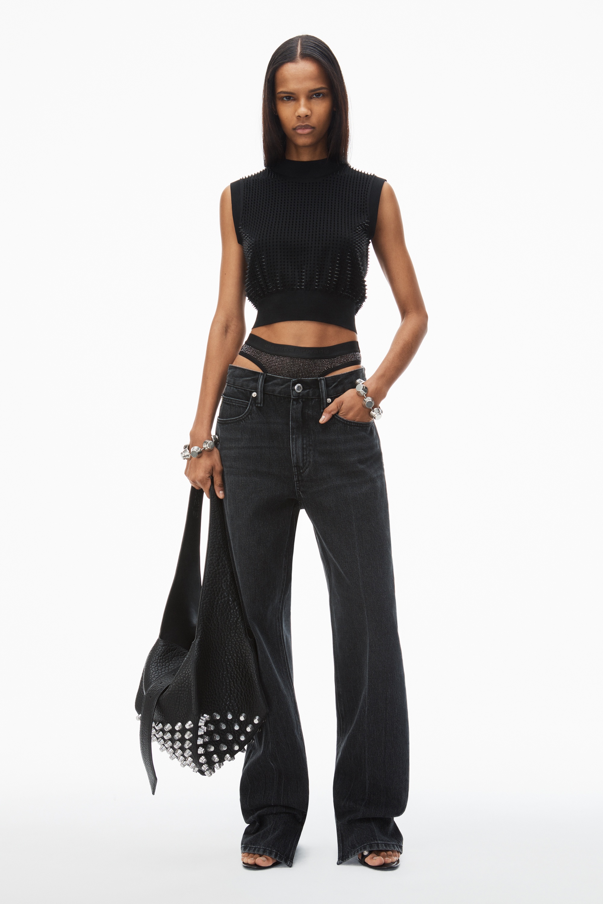 pre-styled straight-leg slit-hem jeans in cotton - 2