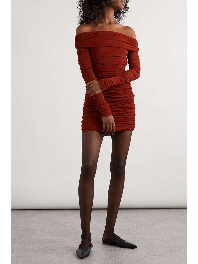 SAINT LAURENT Strapless ruched stretch-tulle mini dress outlook