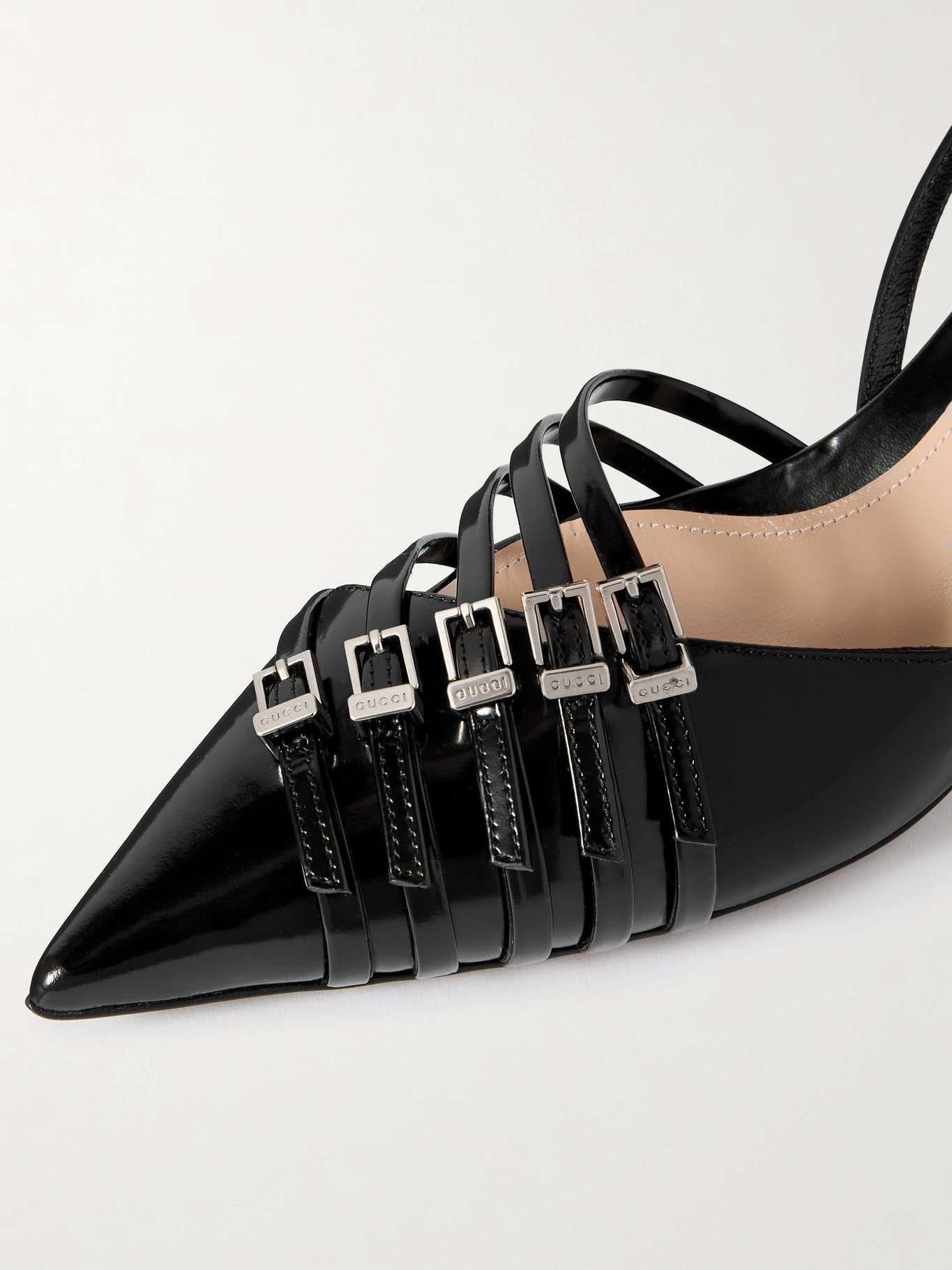 GUCCI Seraphine buckled patent-leather slingback pumps