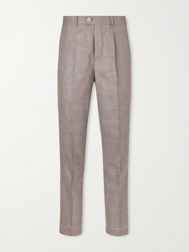 Straight-Leg Pleated Prince of Wales Checked Wool, Silk and Linen-Blend Trousers 1