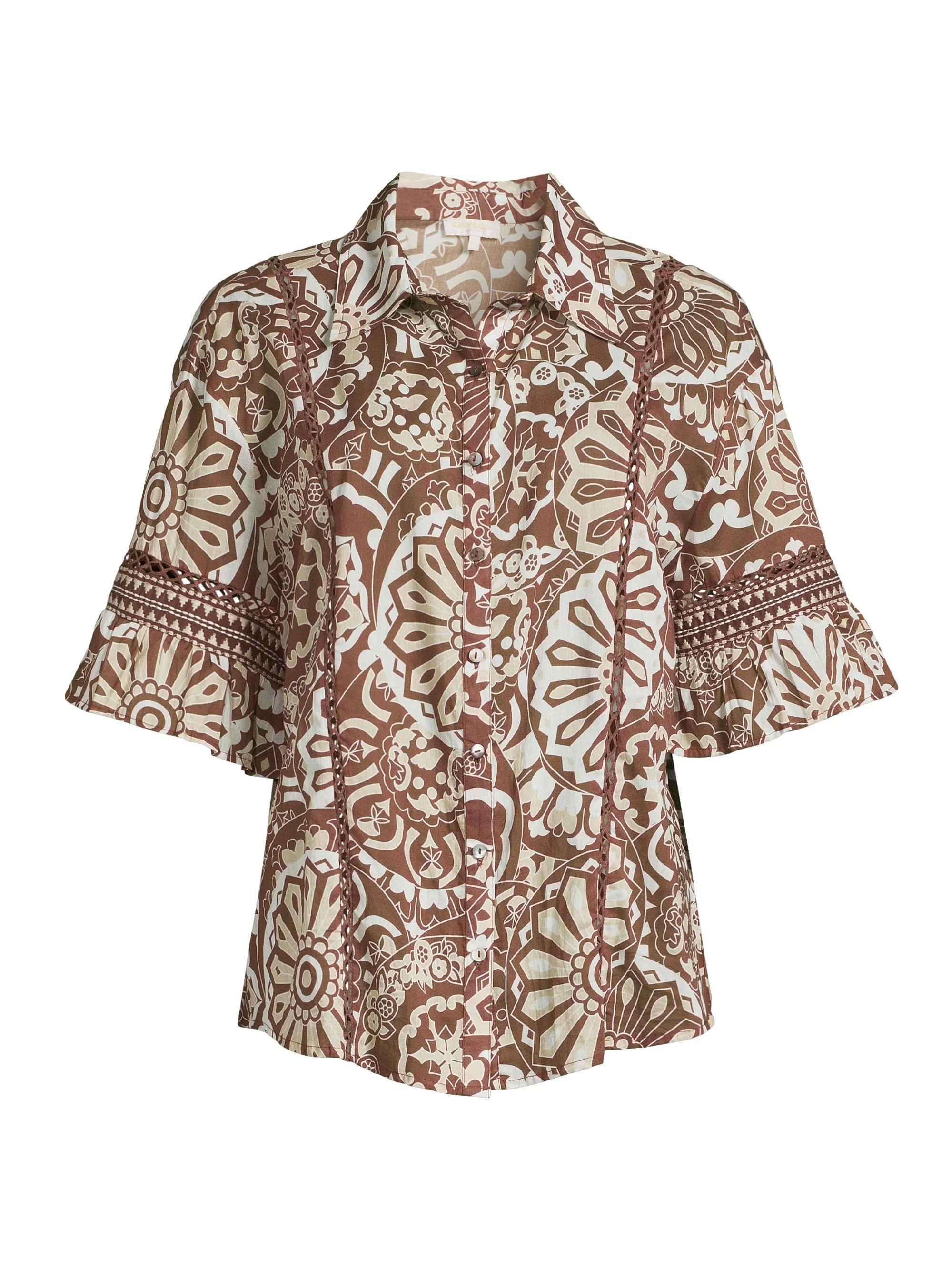 Women's Violette Printed Cotton Cover-Up Shirt - Beach Brown Combo - 1