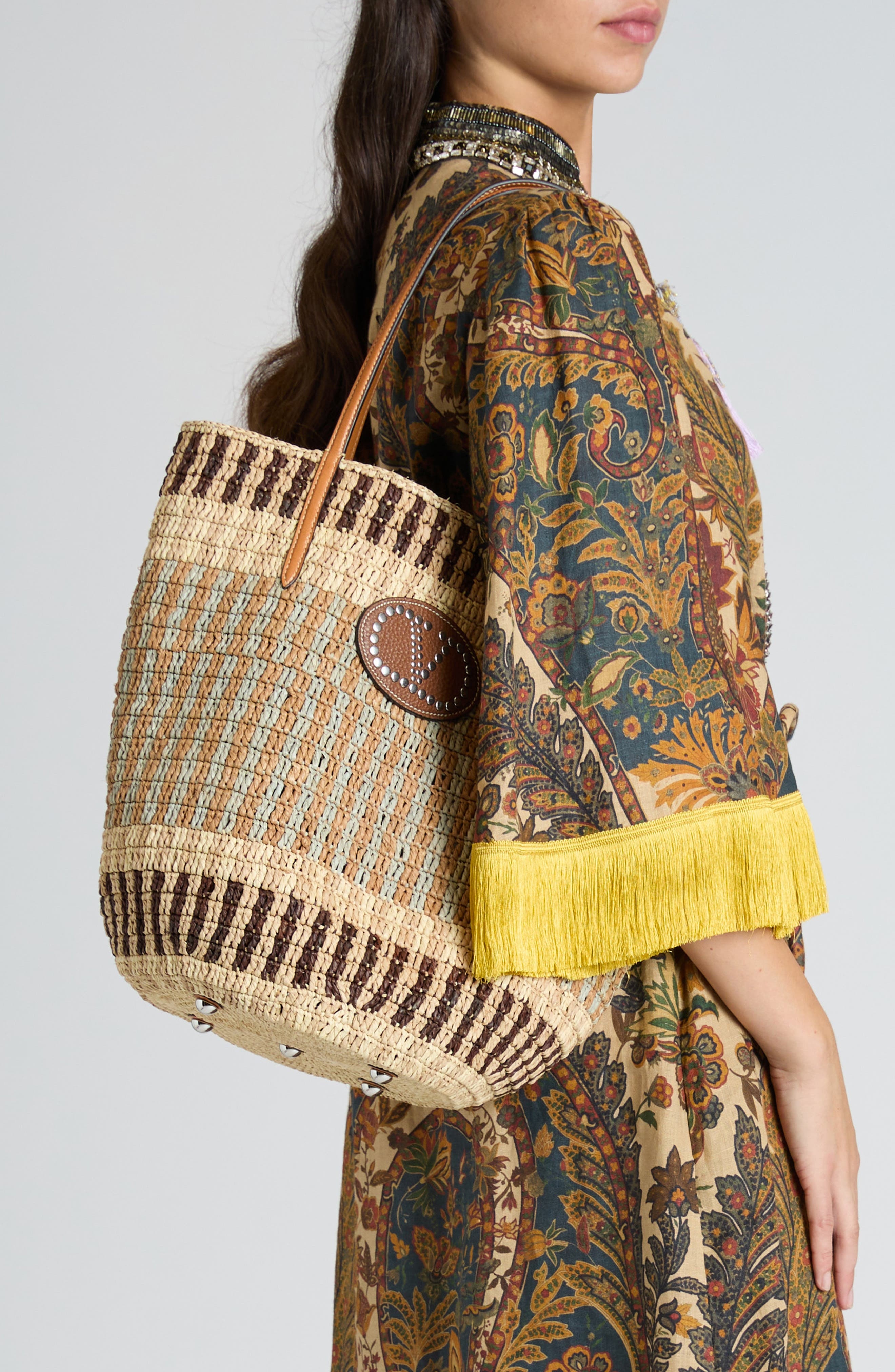 Valentino Garavani VLOGO Crochet Raffia Basket Tote in Aef Beige/Camel/Selleria at Nordstrom - 8