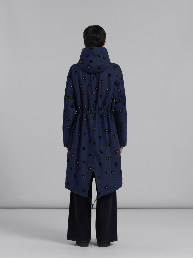 BLUE GABARDINE PARKA WITH FLOCKED DRAFT FLOWER PRINT 3