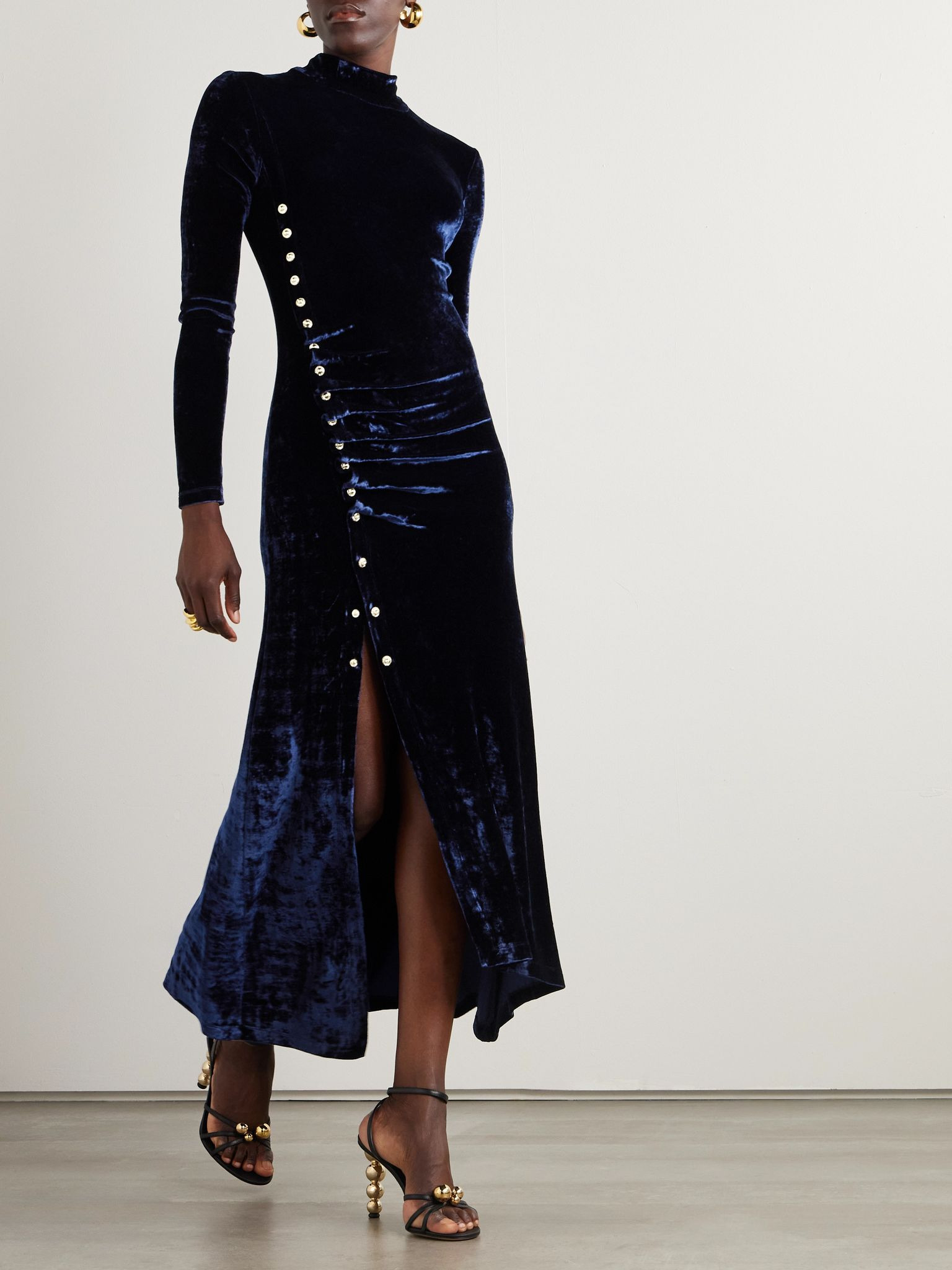 Asymmetric ruched embellished velvet turtleneck dress Navy - 2