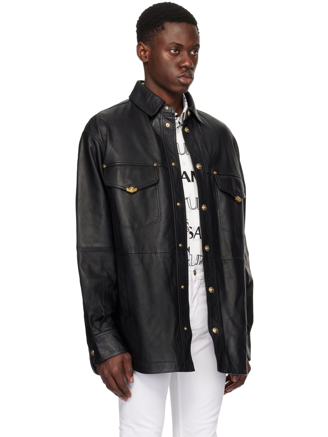 Black V-Emblem Leather Jacket - 2