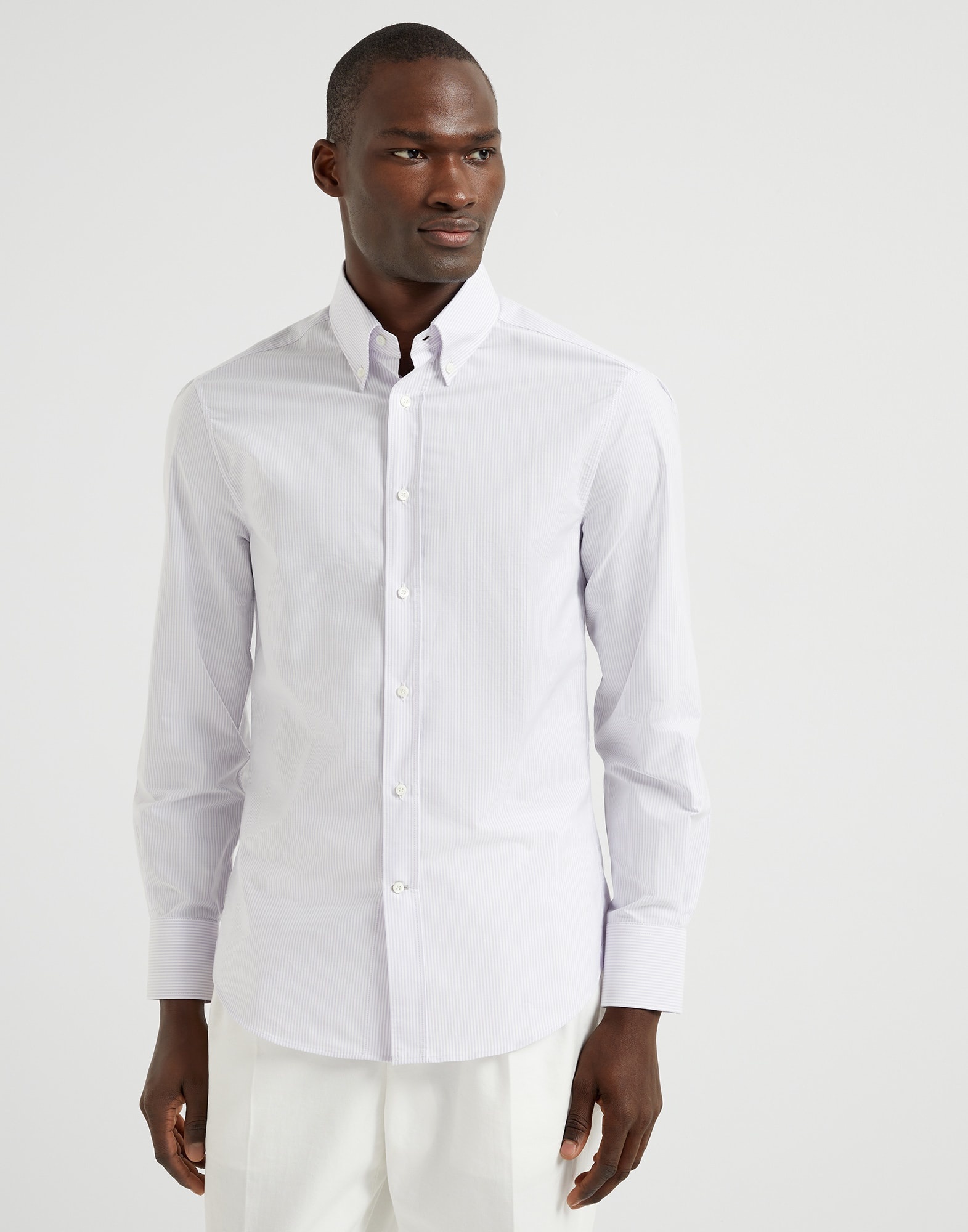Striped poplin slim fit shirt with button-down collar - 1