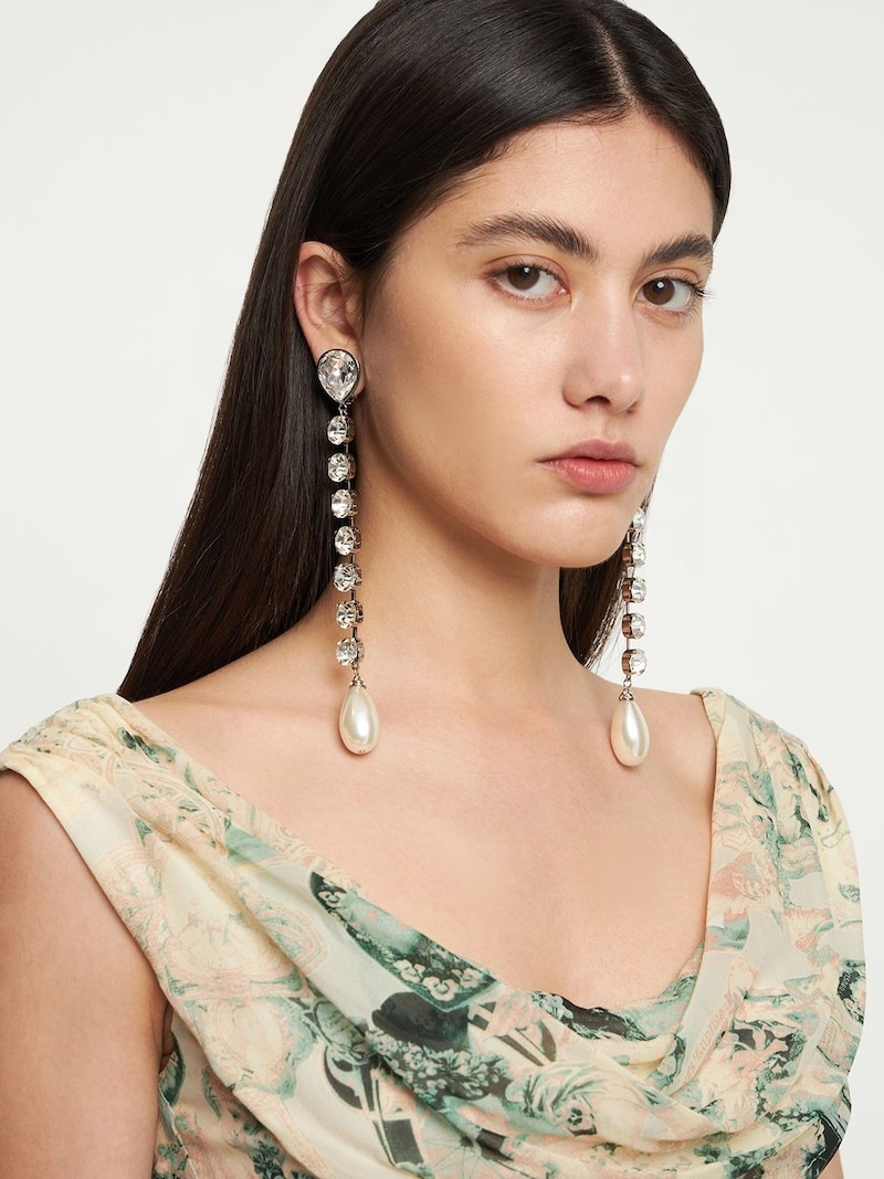 Crystal long earrings w/ faux pearl - 2