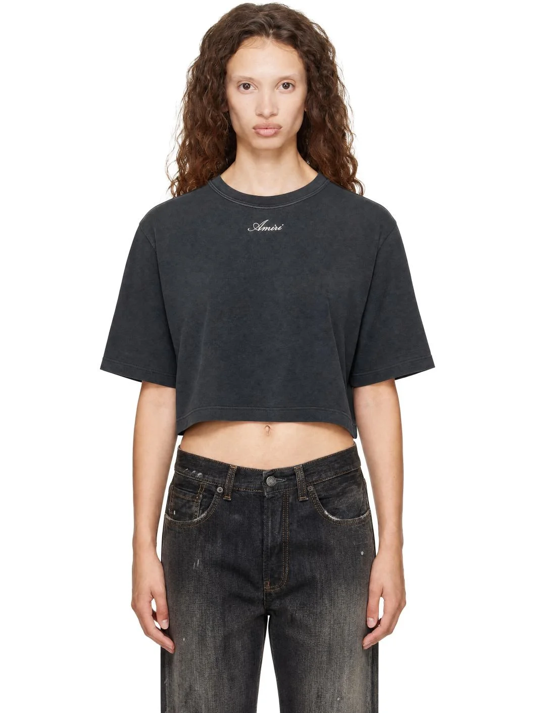 Gray Embroidered Cropped T-Shirt - 1