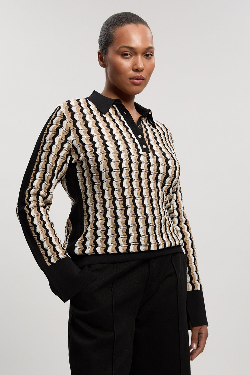 Plus Size Knit Pointelle Contrast Collared Top 3