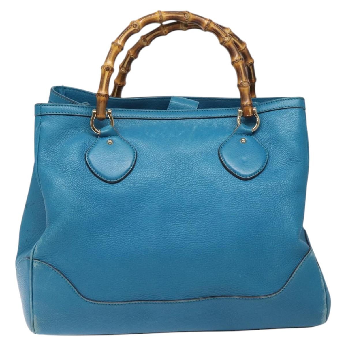 GUCCI Bamboo Hand Bag Leather Blue Gold - 13