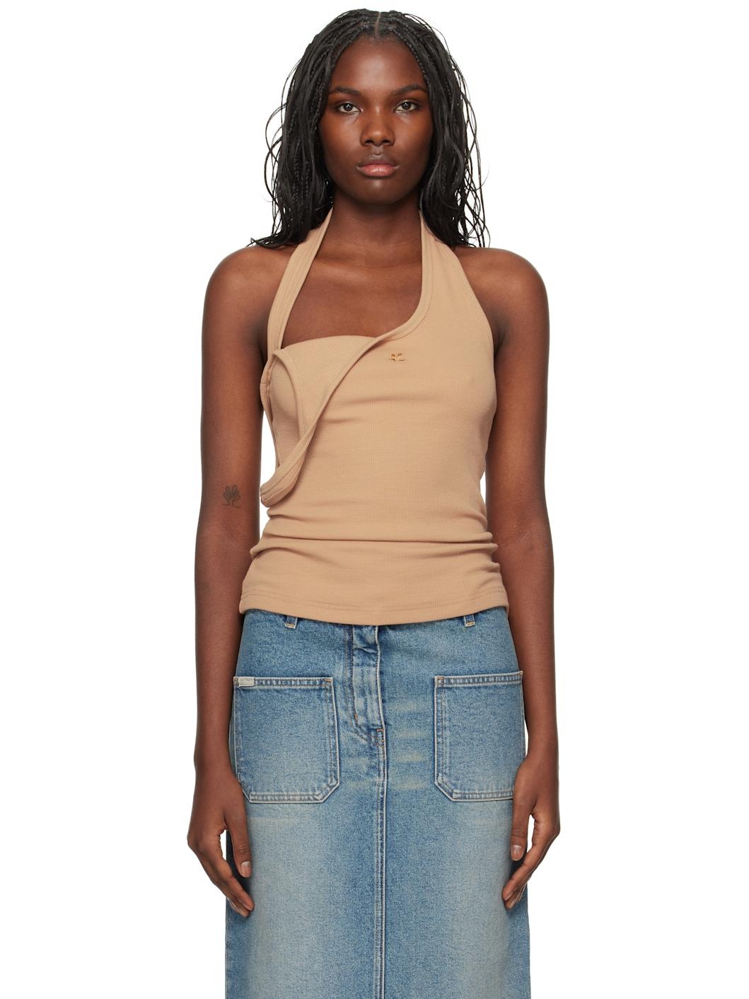 Beige Asymmetric Rib 90's Tank Top - 1