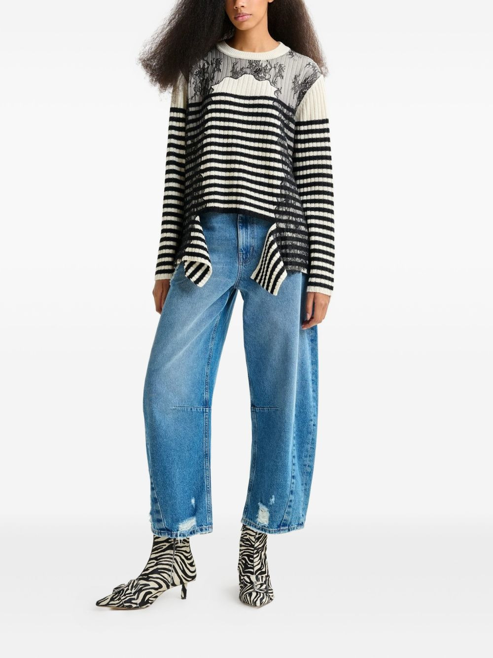 Insane lace-insert striped sweater - 2