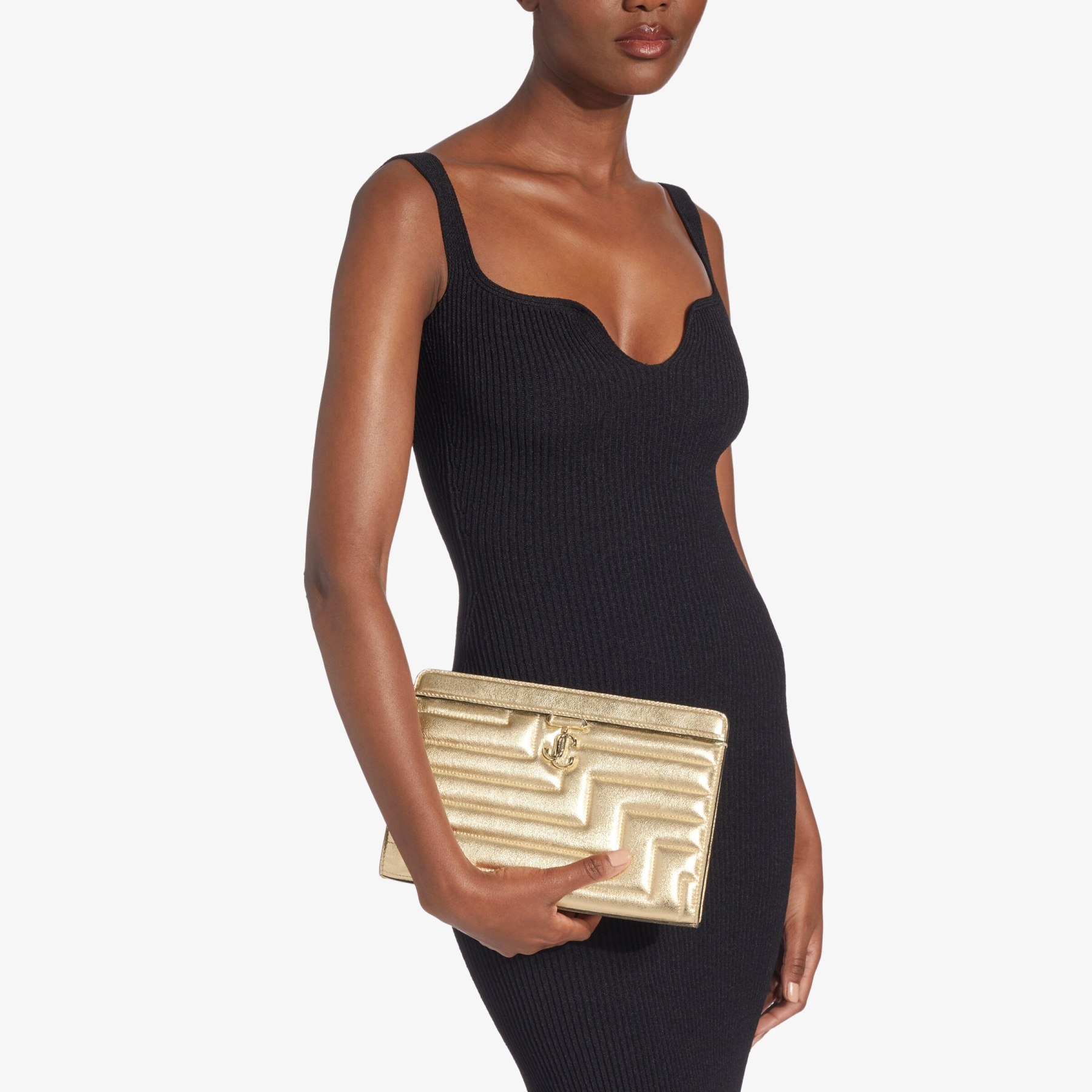 JIMMY CHOO Varenne Avenue Pouch Gold Quilted Metallic Nappa