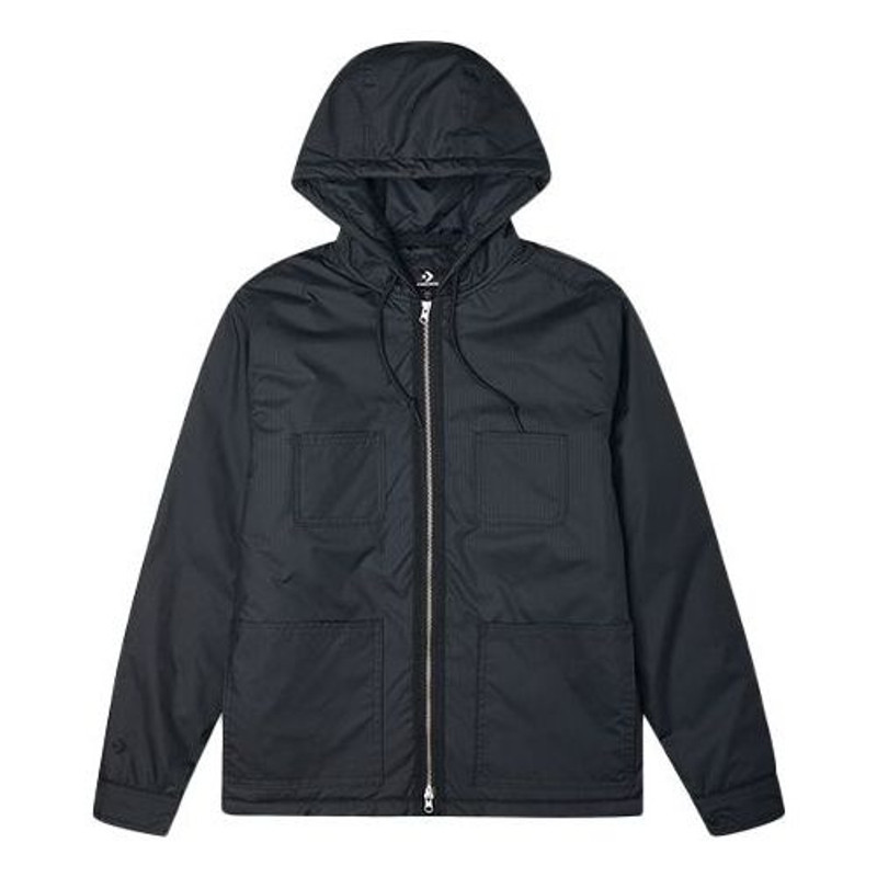 Men's Converse Casual Sports Cargo Hooded Long Sleeves Padded Black Jacket 10021637-A01 - 1