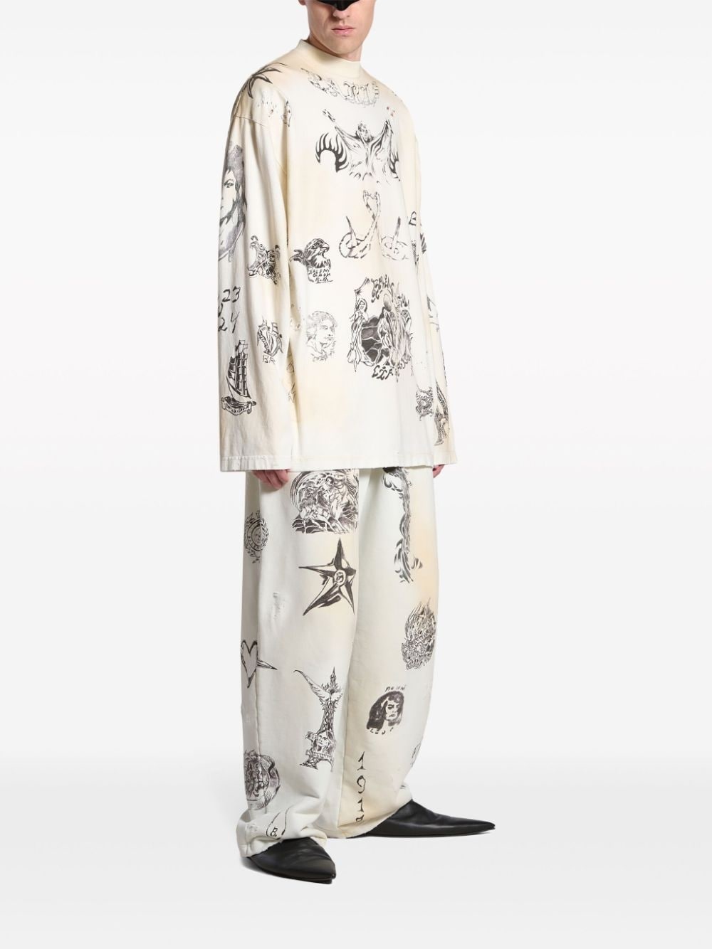 BALENCIAGA Tattoo Distressed Long Sleeve Cotton Graphic T